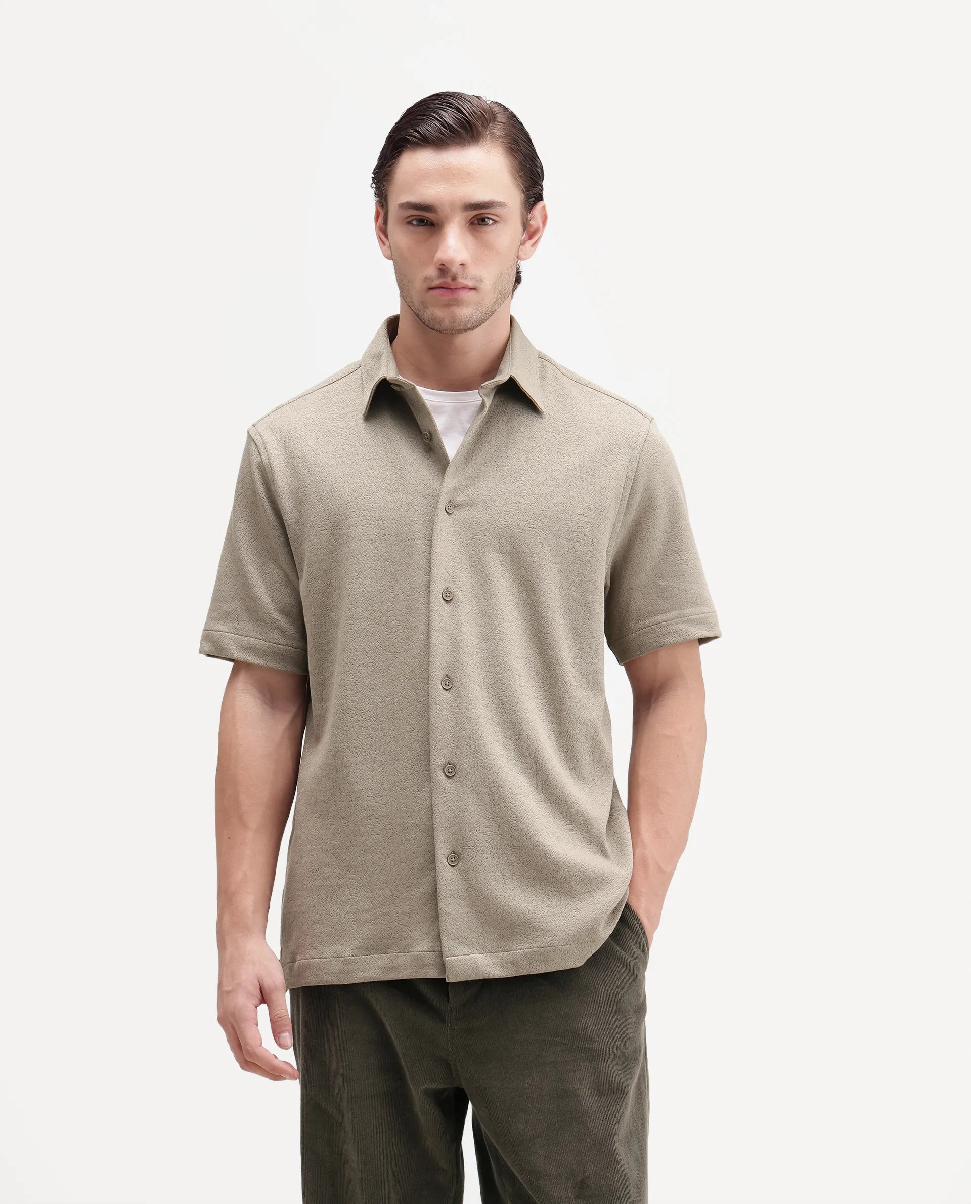 Rare Rabbit Men's Davin-S Light Green Cotton Blend Spread Collar Regular Fit Textured Shirt