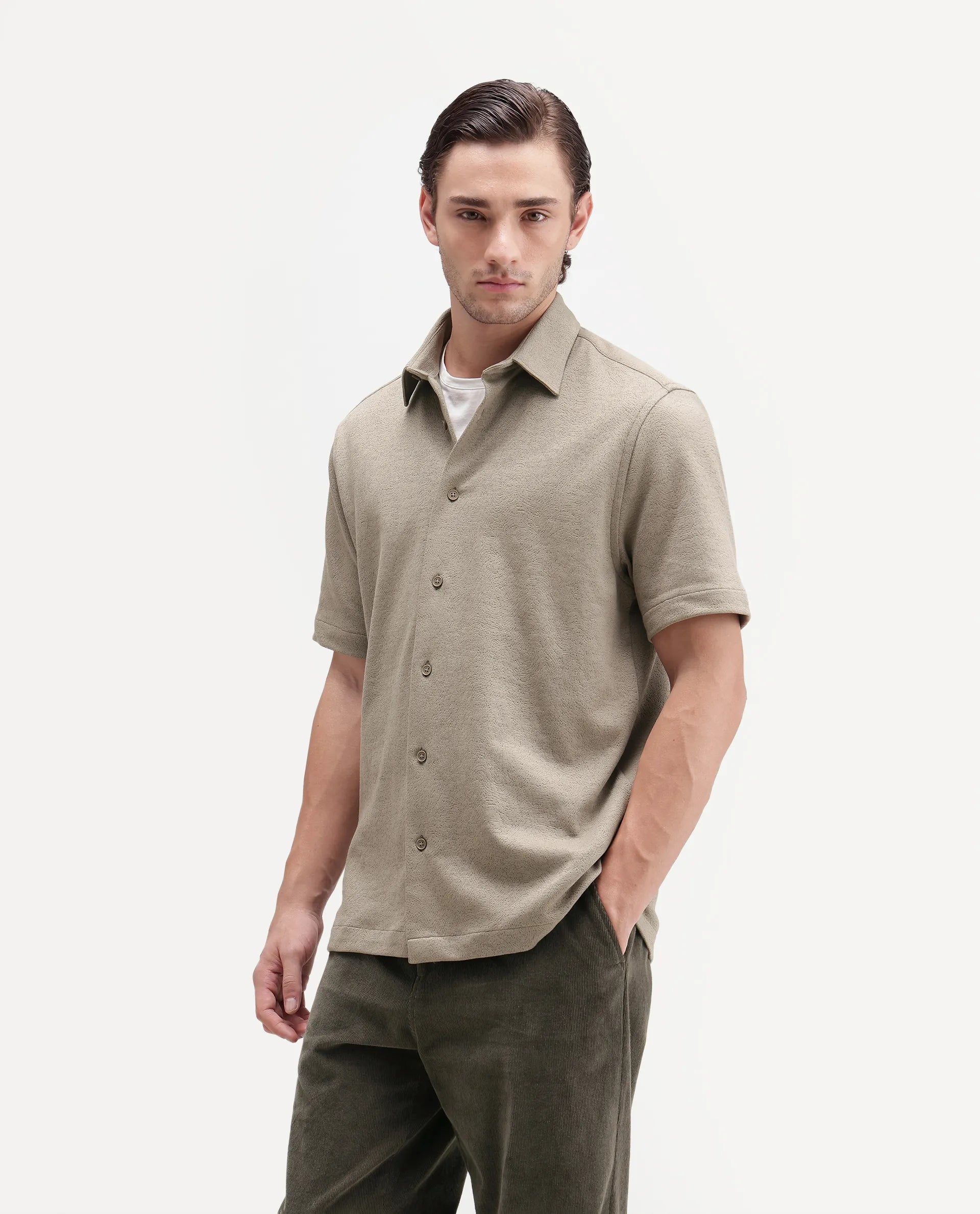 Rare Rabbit Men's Davin-S Light Green Cotton Blend Spread Collar Regular Fit Textured Shirt