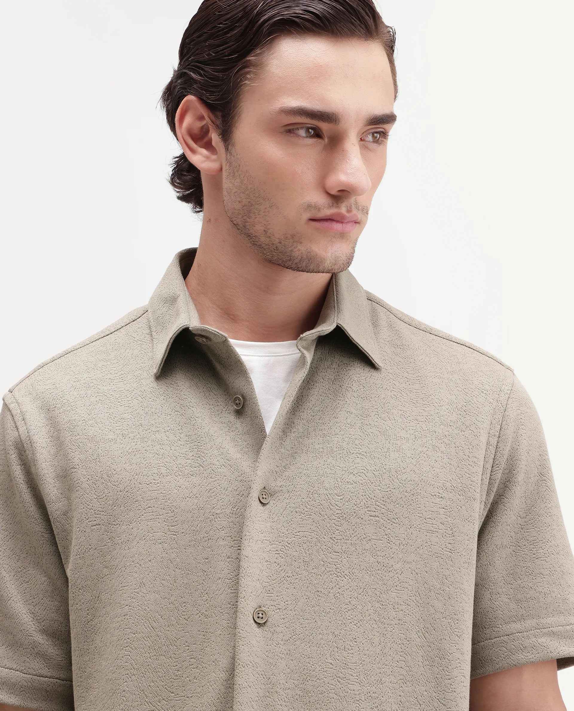 Rare Rabbit Men's Davin-S Light Green Cotton Blend Spread Collar Regular Fit Textured Shirt