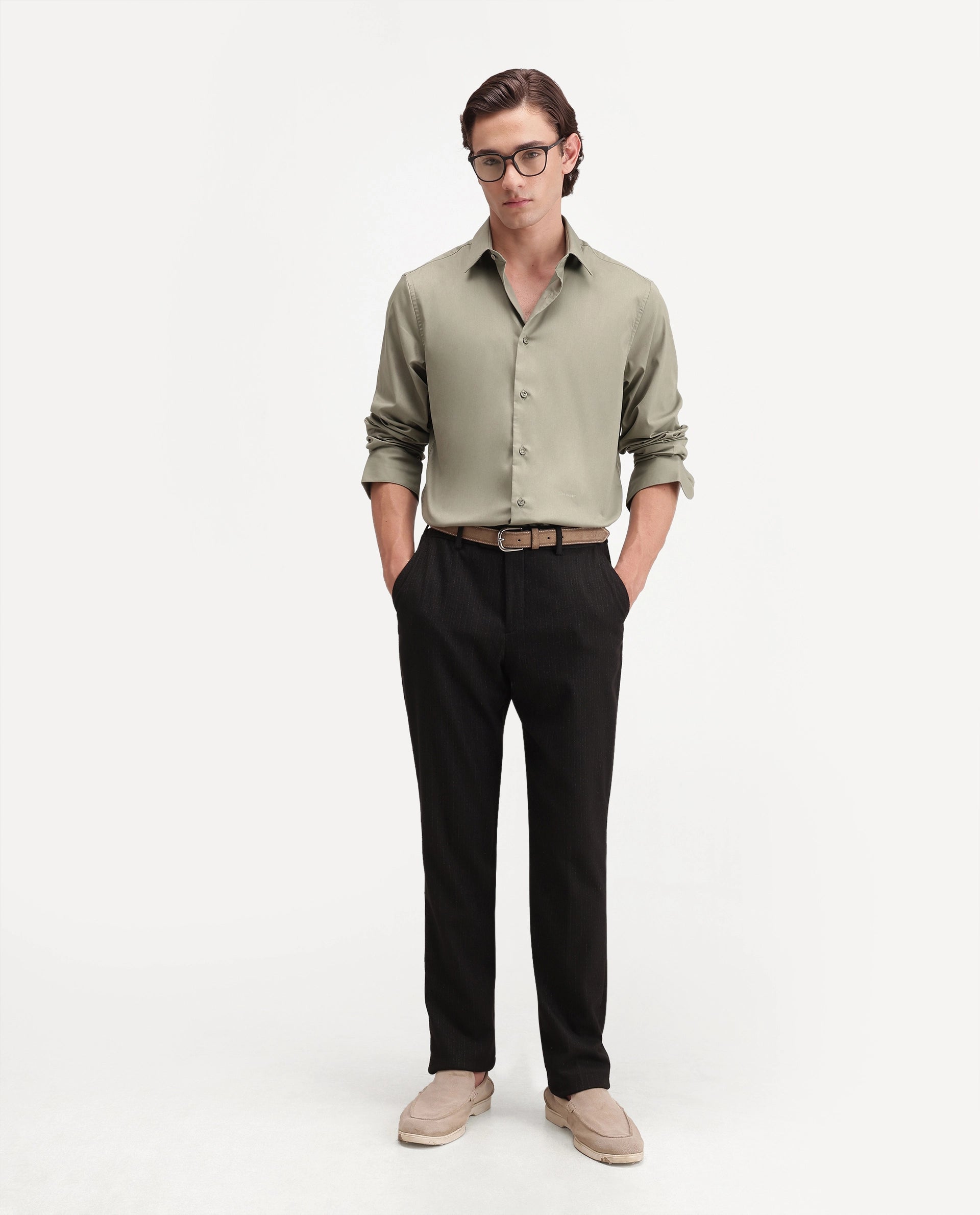 Rare Rabbit Men's Zapi Dusky Olive Polyester Blend Spread Collar Regular Fit Plain Shirt