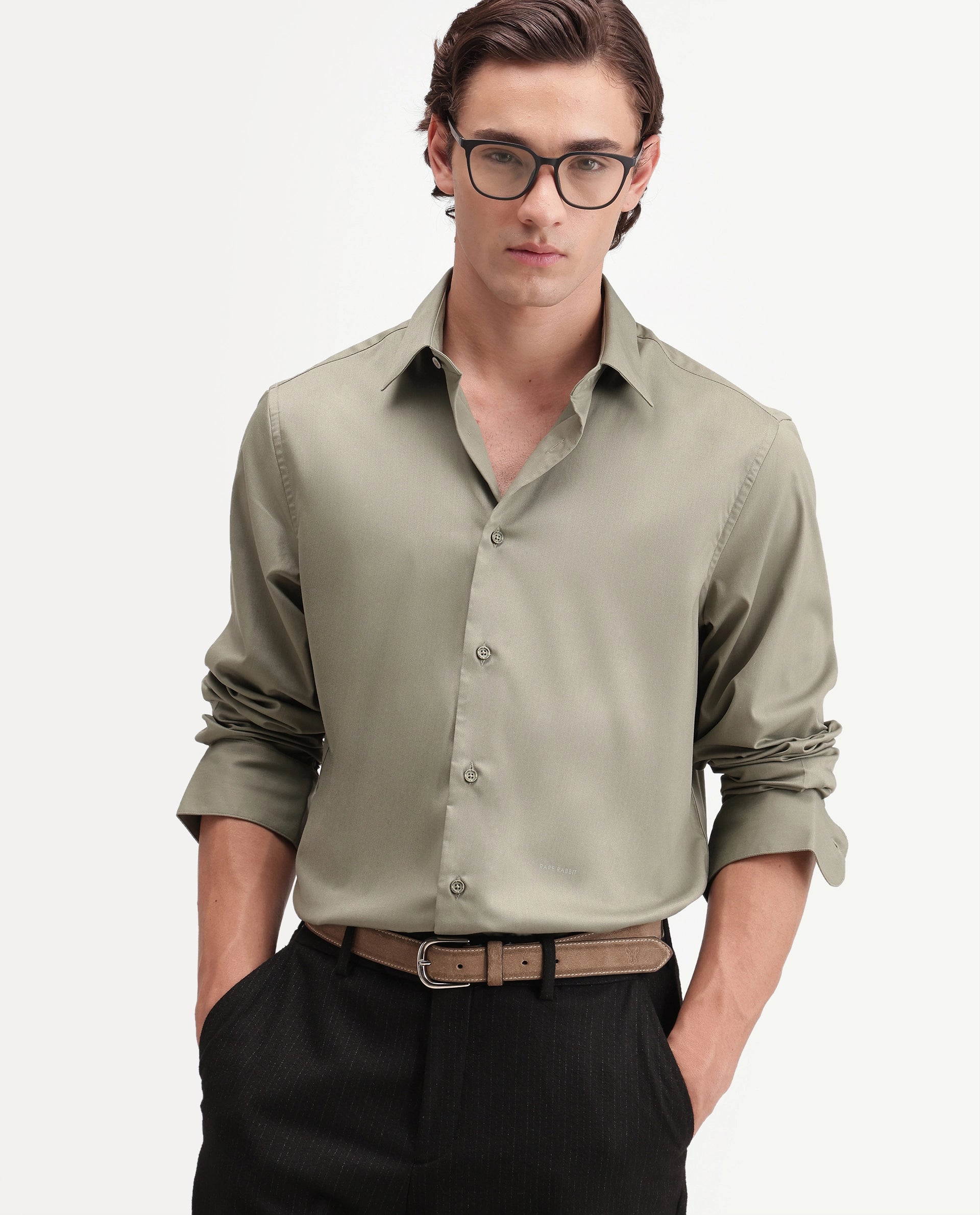 Rare Rabbit Men's Zapi Dusky Olive Polyester Blend Spread Collar Regular Fit Plain Shirt