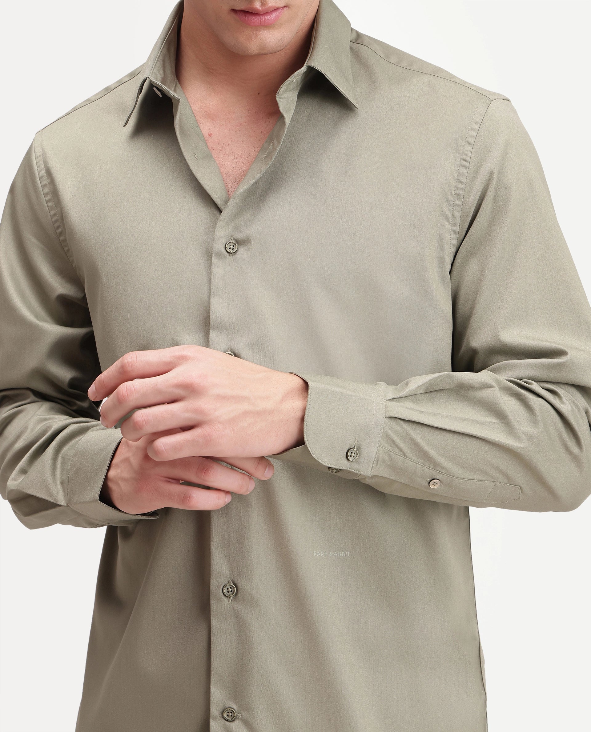 Rare Rabbit Men's Zapi Dusky Olive Polyester Blend Spread Collar Regular Fit Plain Shirt