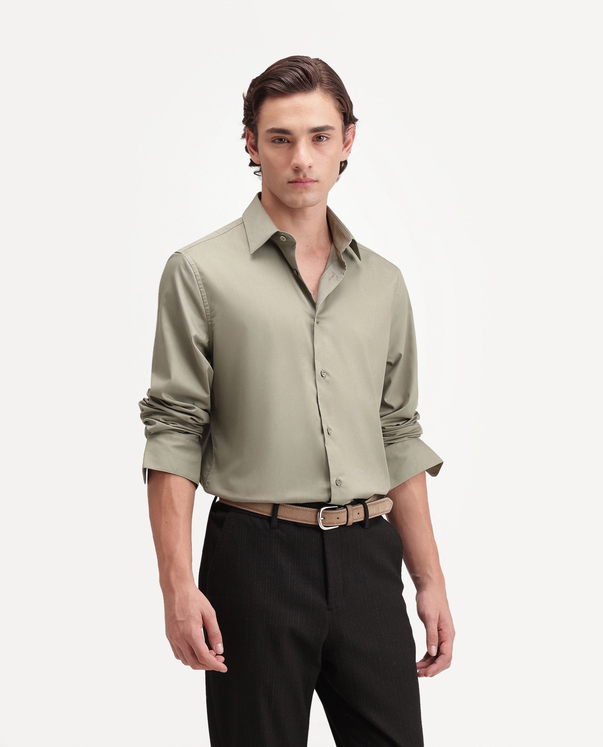 Rare Rabbit Men's Zapi Dusky Olive Polyester Blend Spread Collar Regular Fit Plain Shirt