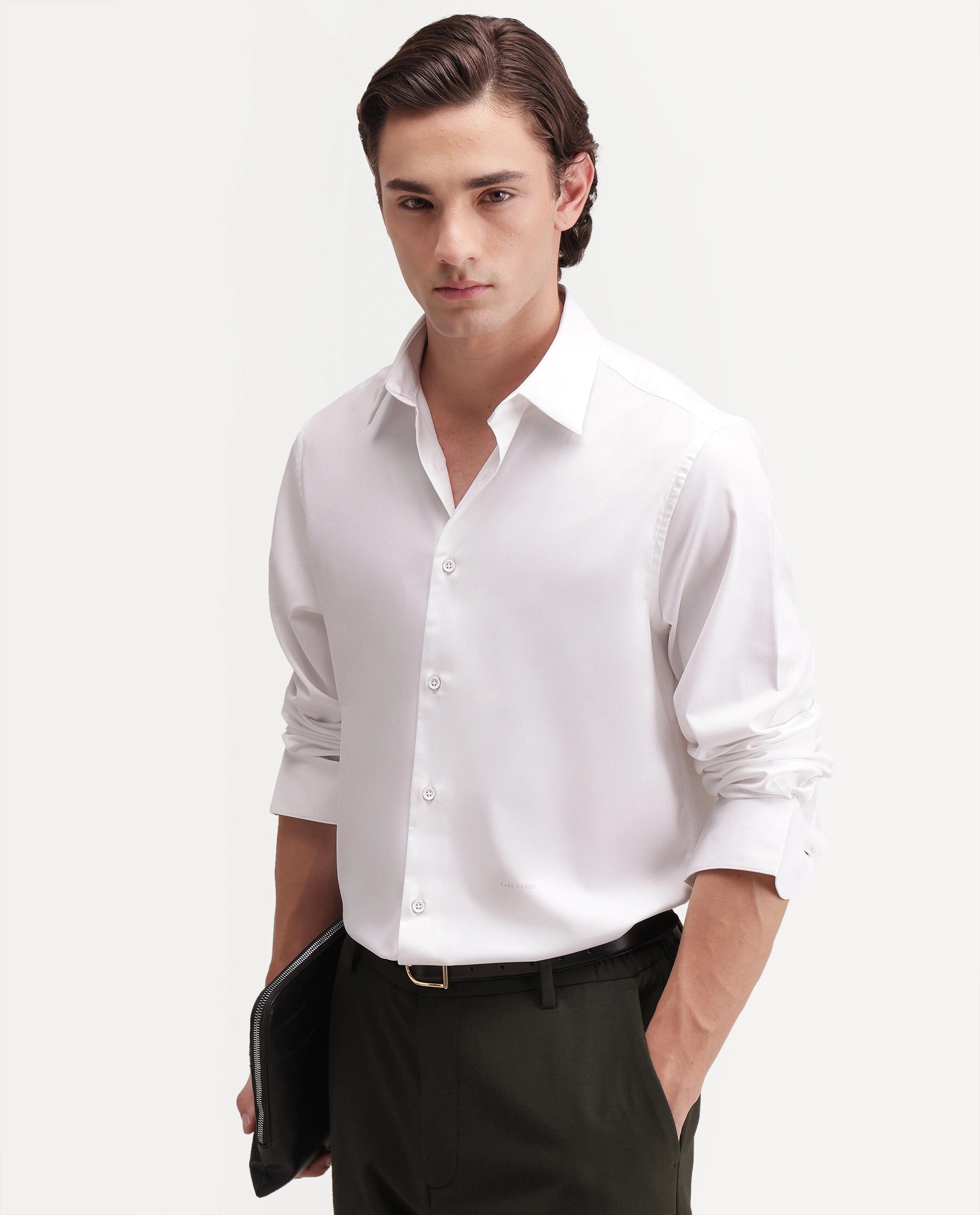 Rare Rabbit Men's Zapi White Polyester Blend Spread Collar Regular Fit Plain Shirt