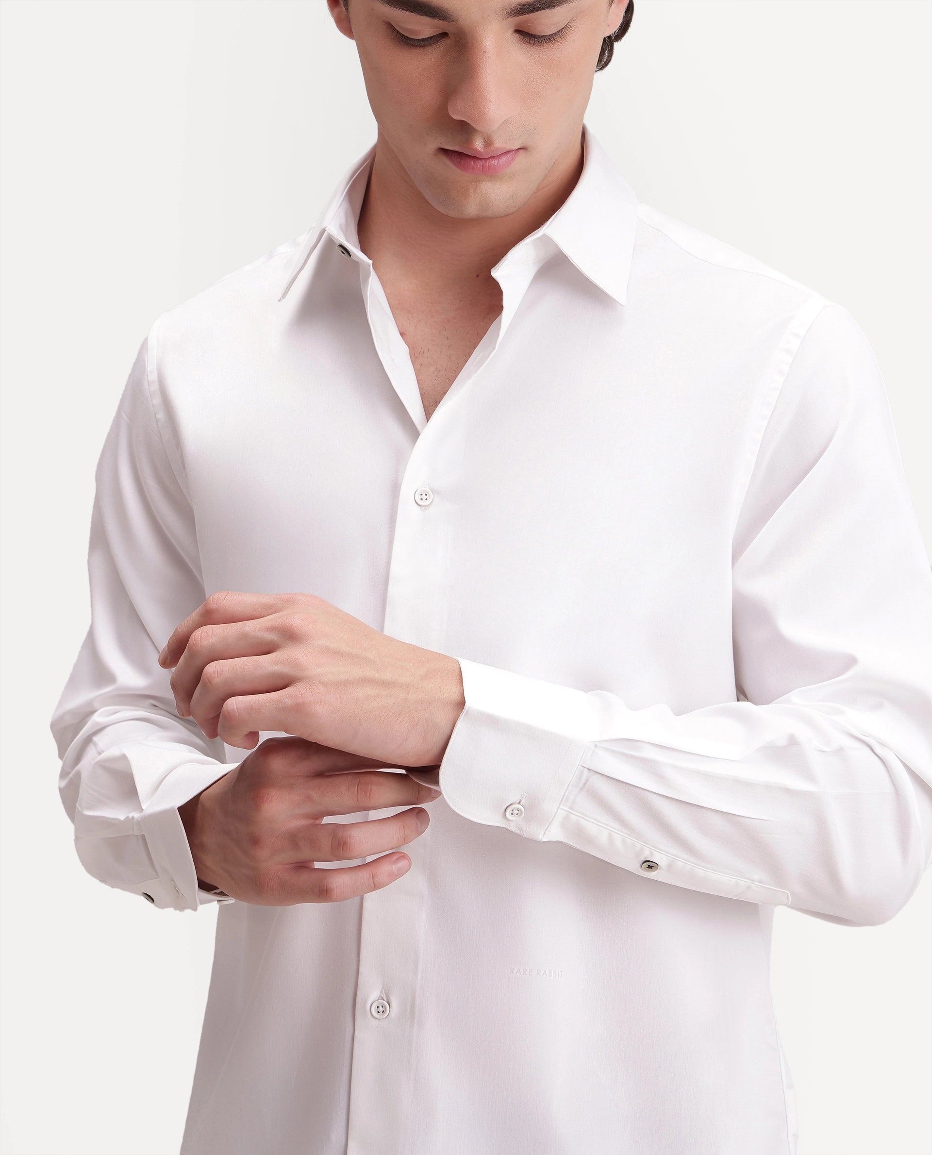 Rare Rabbit Men's Zapi White Polyester Blend Spread Collar Regular Fit Plain Shirt