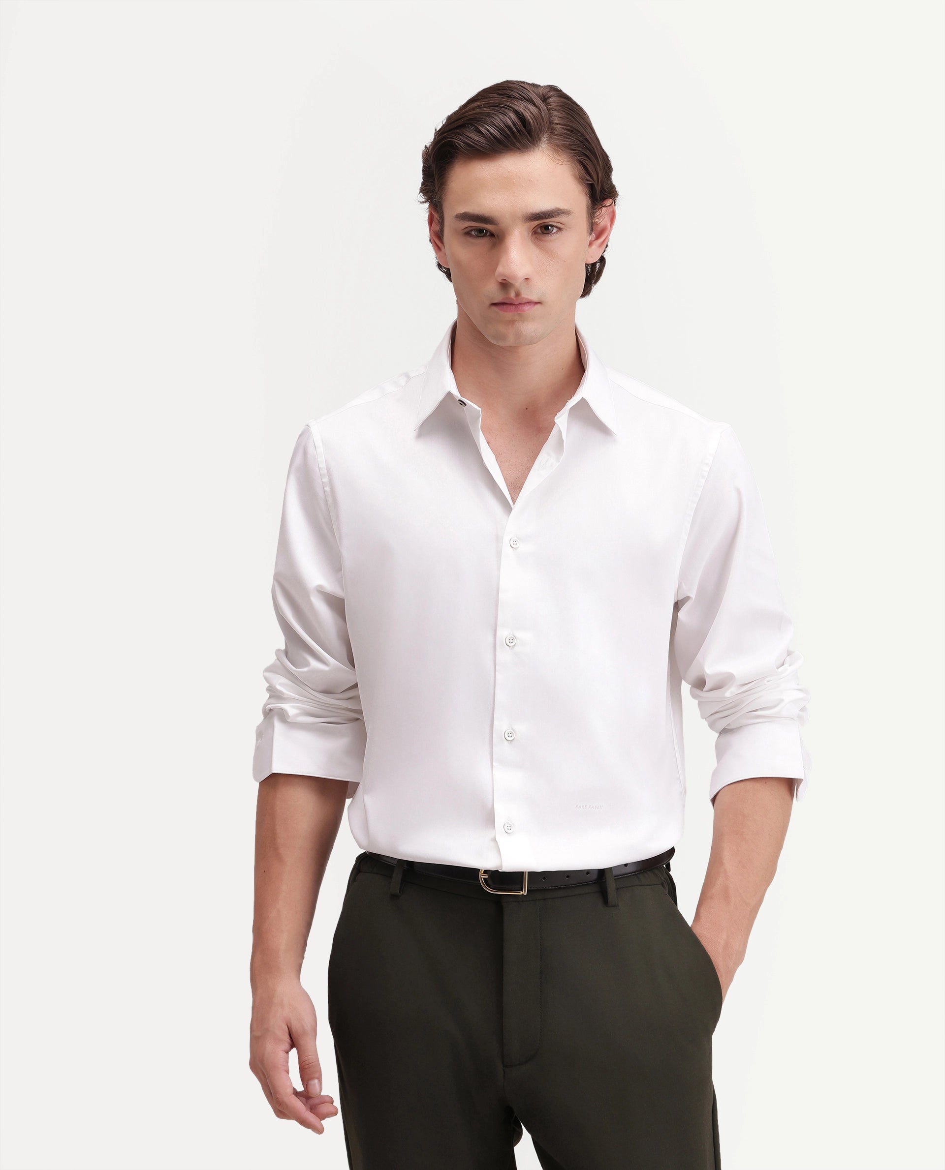 Rare Rabbit Men's Zapi White Polyester Blend Spread Collar Regular Fit Plain Shirt