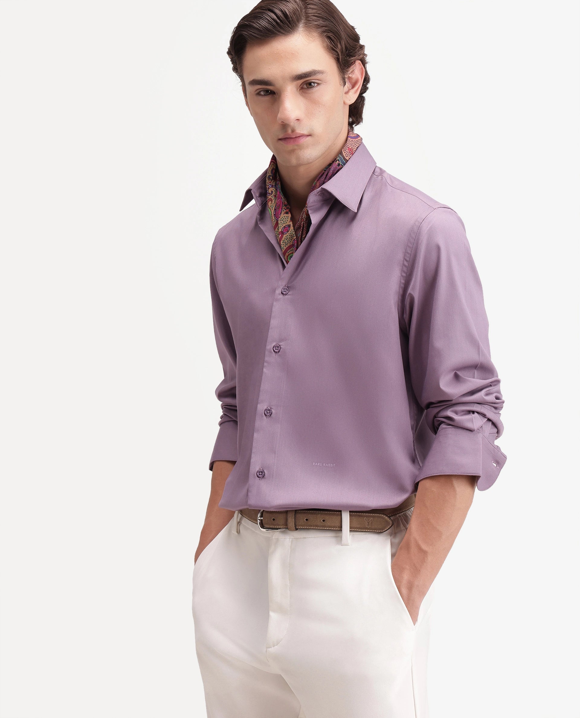 Rare Rabbit Men's Zapi Dusky Purple Polyester Blend Spread Collar Regular Fit Plain Shirt