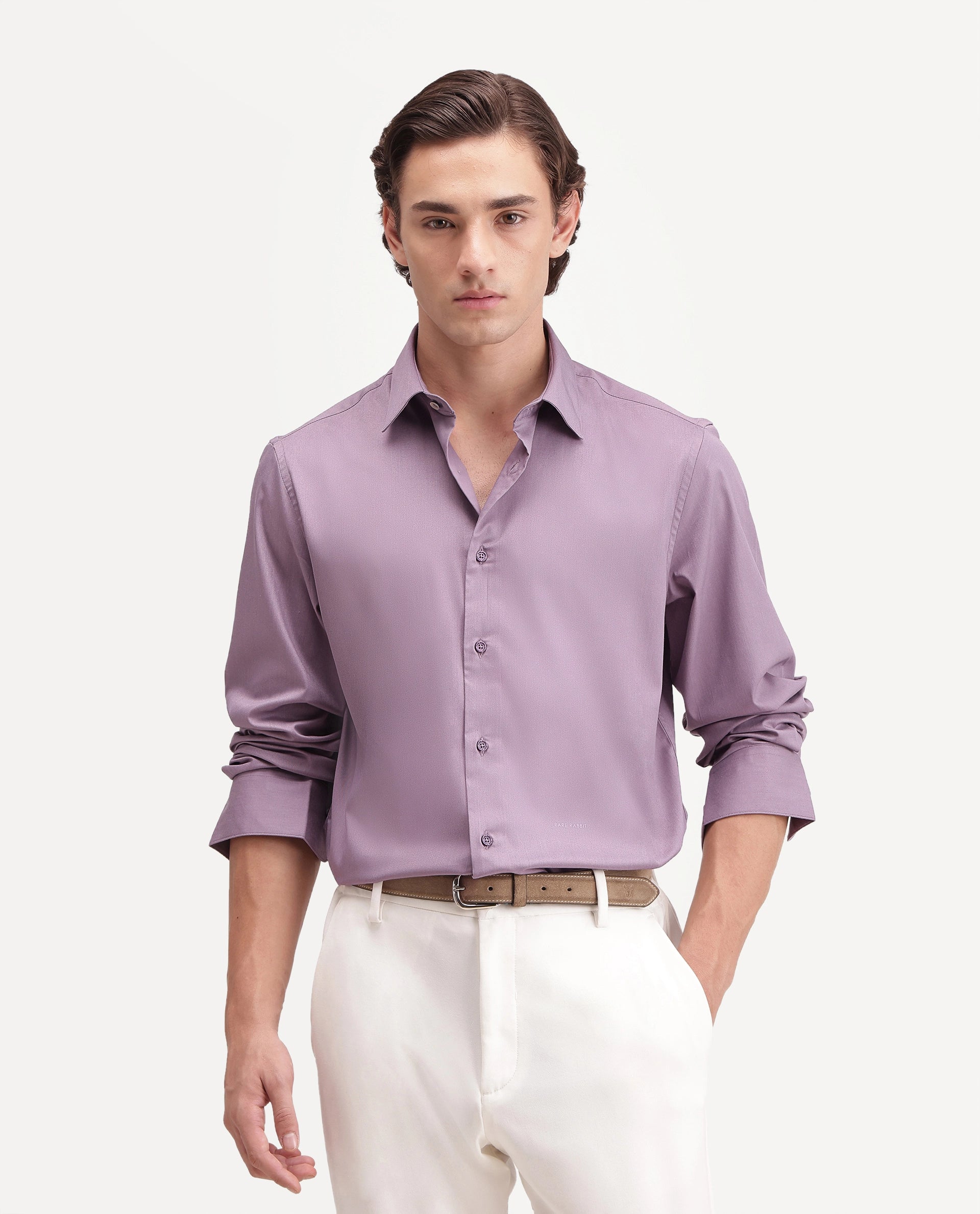 Rare Rabbit Men's Zapi Dusky Purple Polyester Blend Spread Collar Regular Fit Plain Shirt