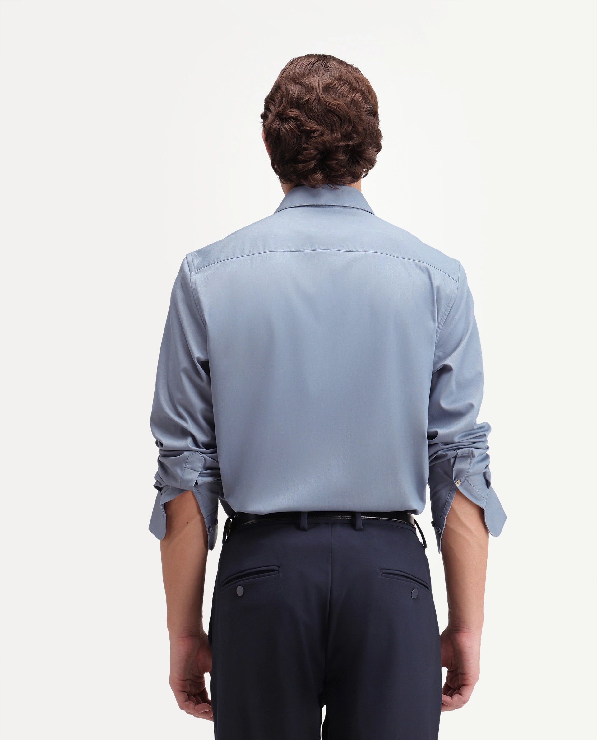 Rare Rabbit Men's Zapi Dusky Blue Polyester Blend Spread Collar Regular Fit Plain Shirt