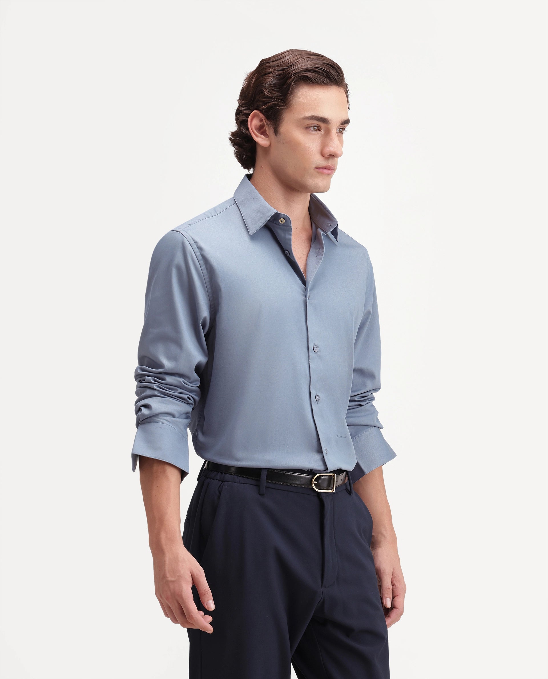 Rare Rabbit Men's Zapi Dusky Blue Polyester Blend Spread Collar Regular Fit Plain Shirt