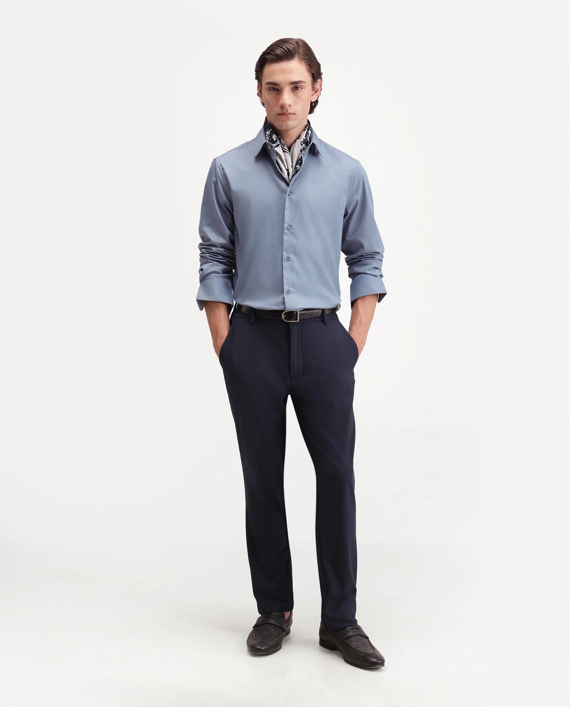 Rare Rabbit Men's Zapi Dusky Blue Polyester Blend Spread Collar Regular Fit Plain Shirt
