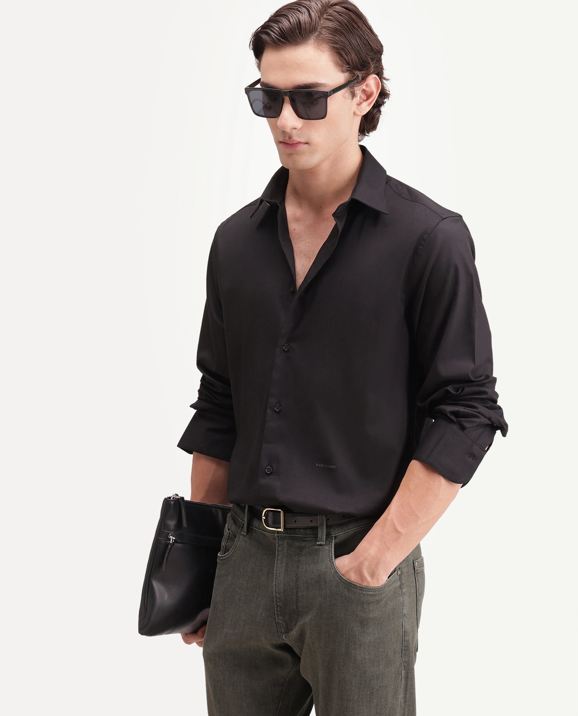 Rare Rabbit Men's Zapi Black Polyester Blend Spread Collar Regular Fit Plain Shirt