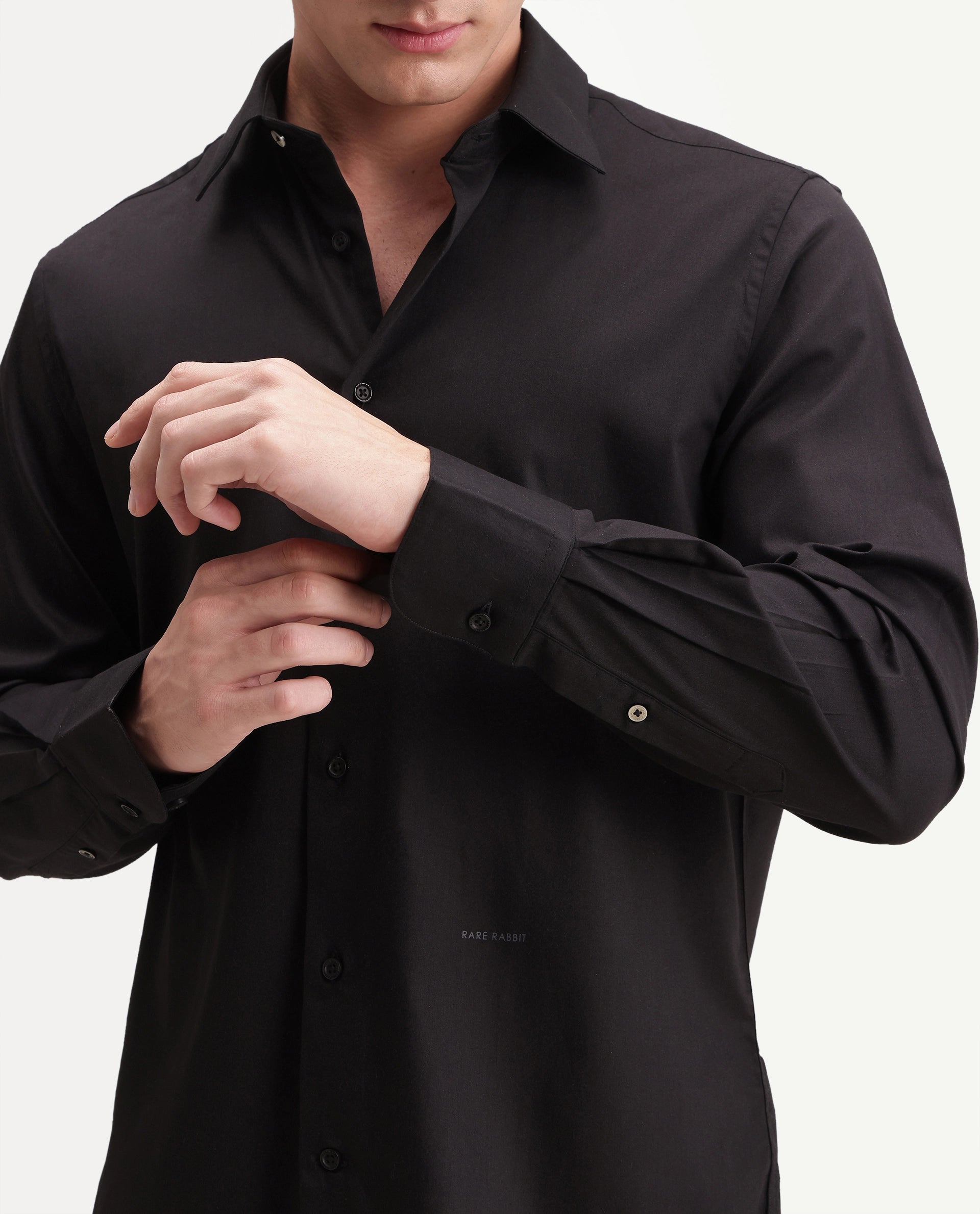Rare Rabbit Men's Zapi Black Polyester Blend Spread Collar Regular Fit Plain Shirt