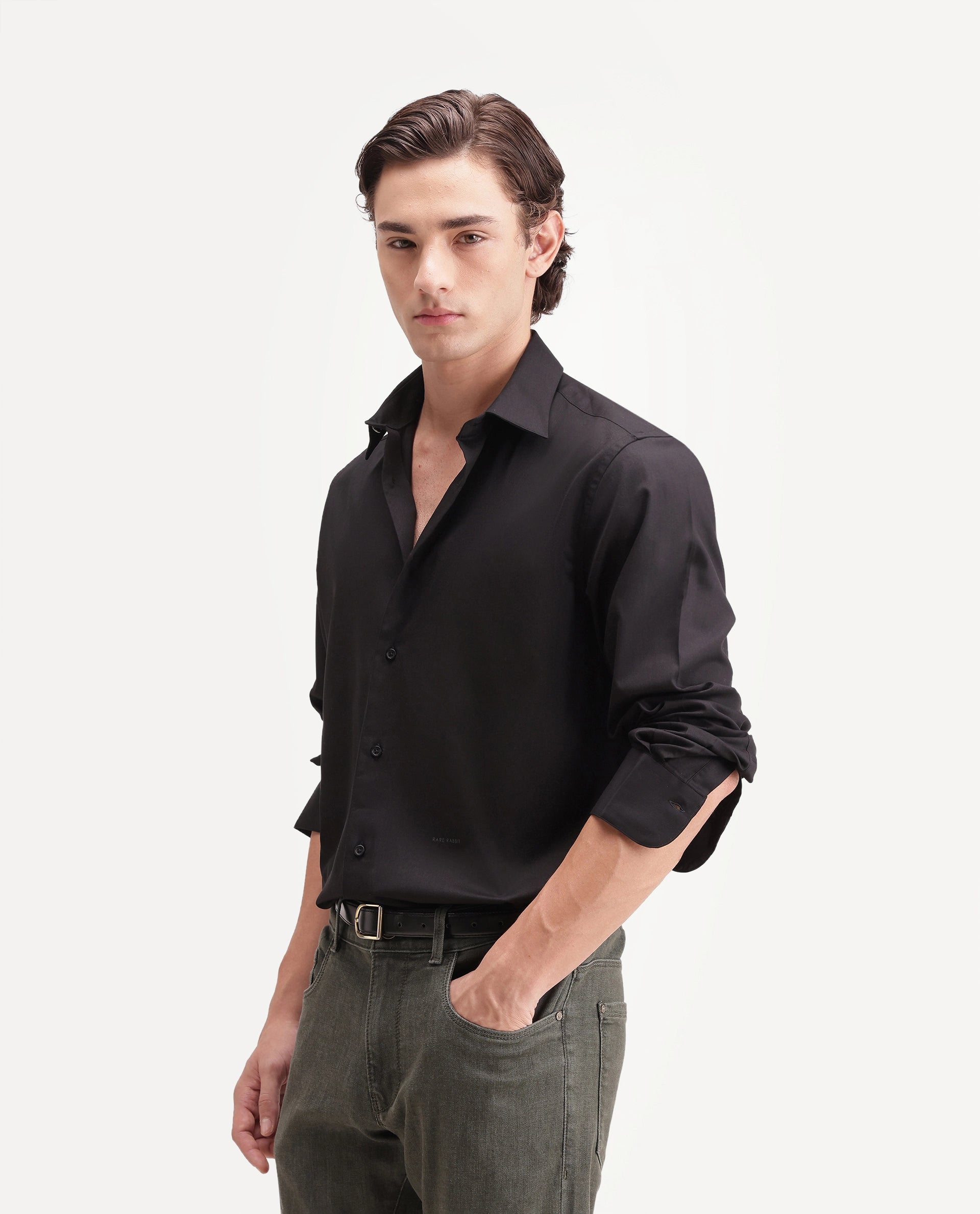 Rare Rabbit Men's Zapi Black Polyester Blend Spread Collar Regular Fit Plain Shirt