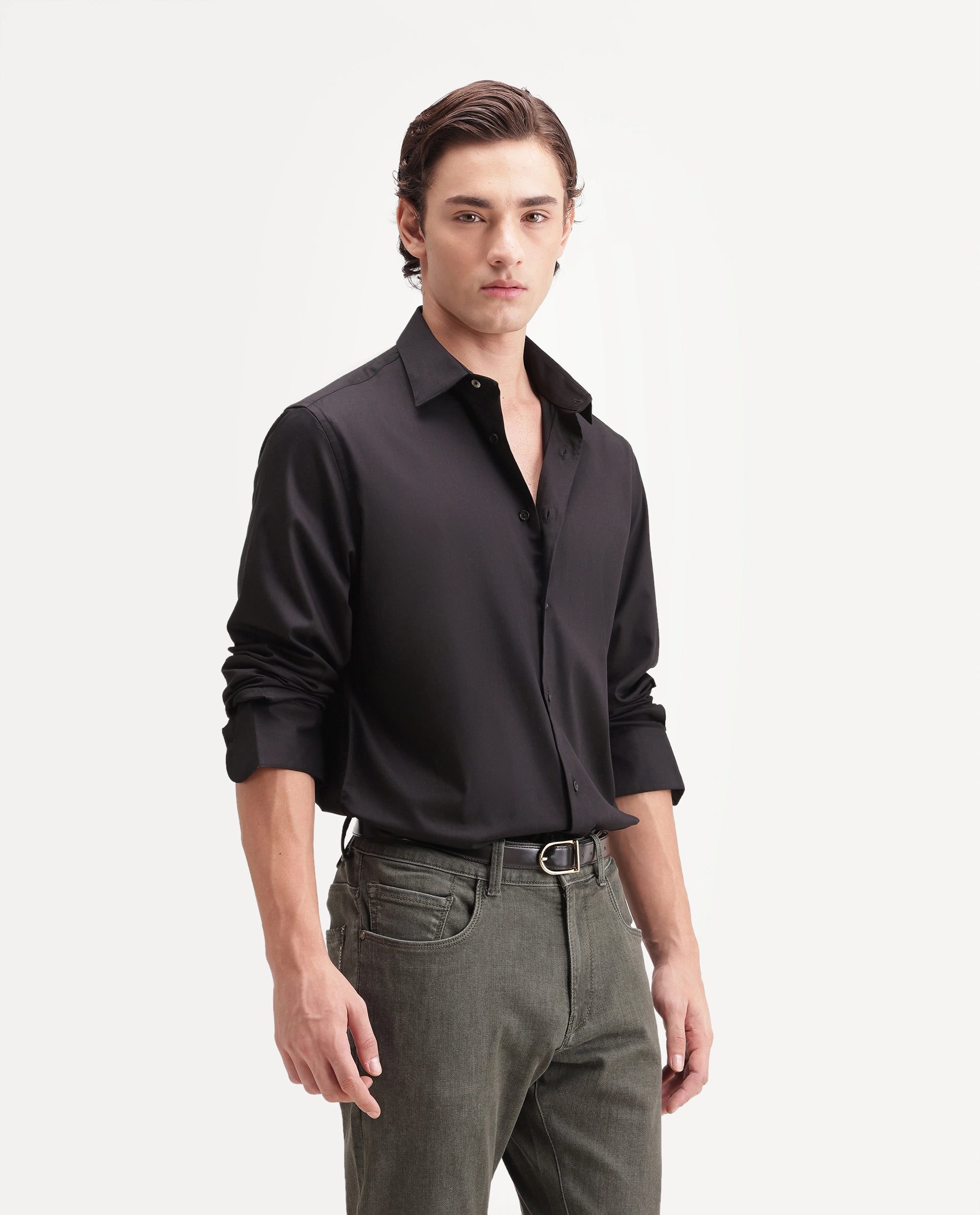 Rare Rabbit Men's Zapi Black Polyester Blend Spread Collar Regular Fit Plain Shirt