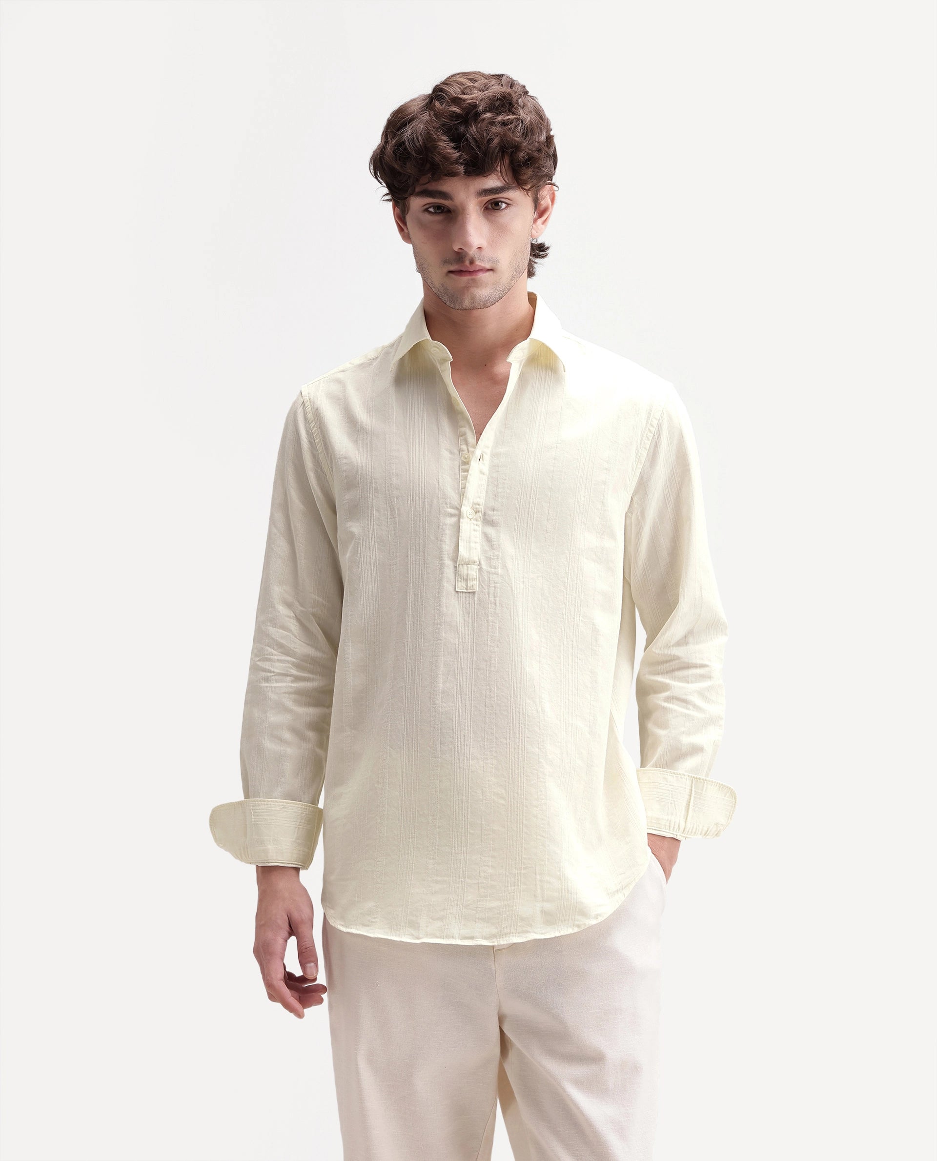 Rare Rabbit Men's Kord Off White Cotton Spread Collar Regular Fit Striped Shirt