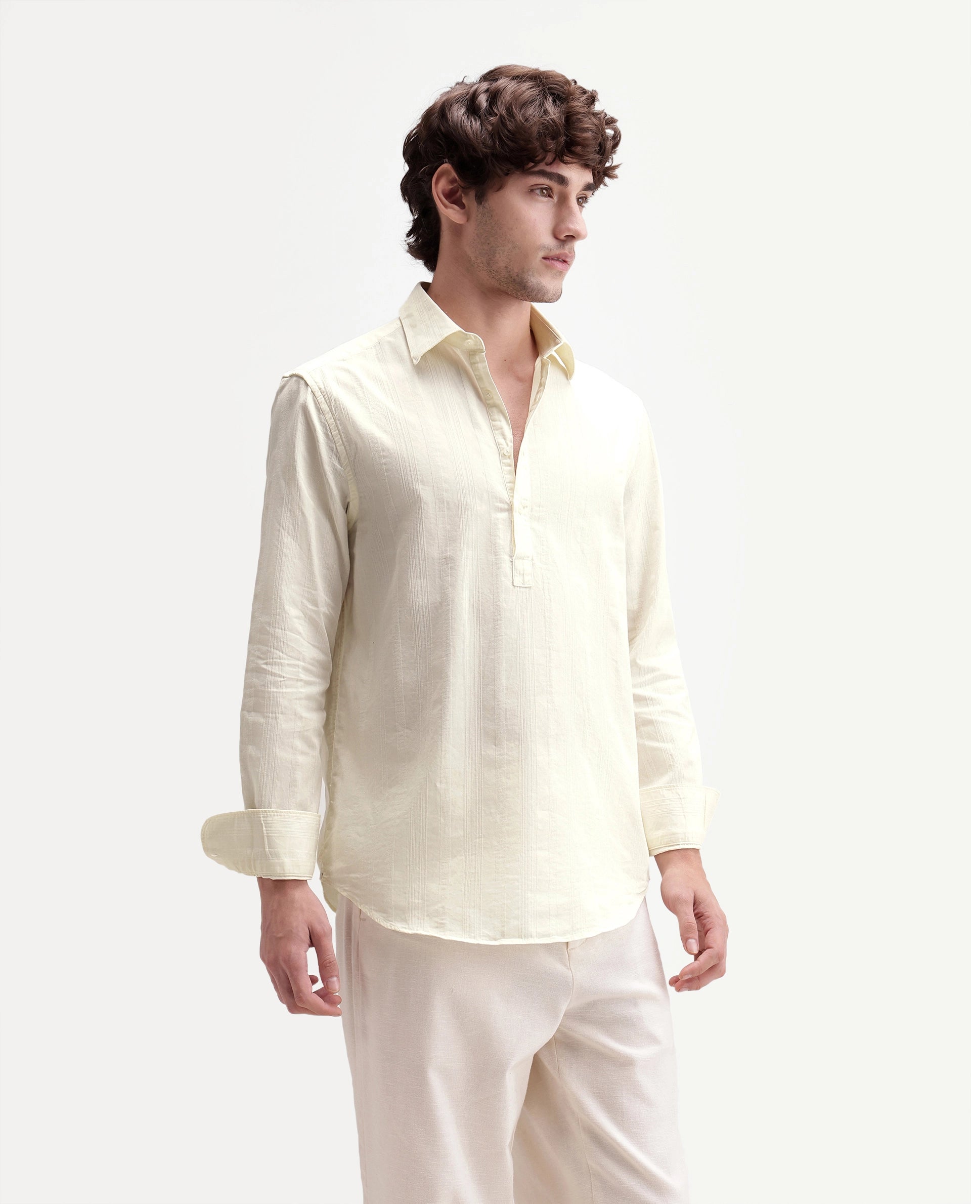 Rare Rabbit Men's Kord Off White Cotton Spread Collar Regular Fit Striped Shirt