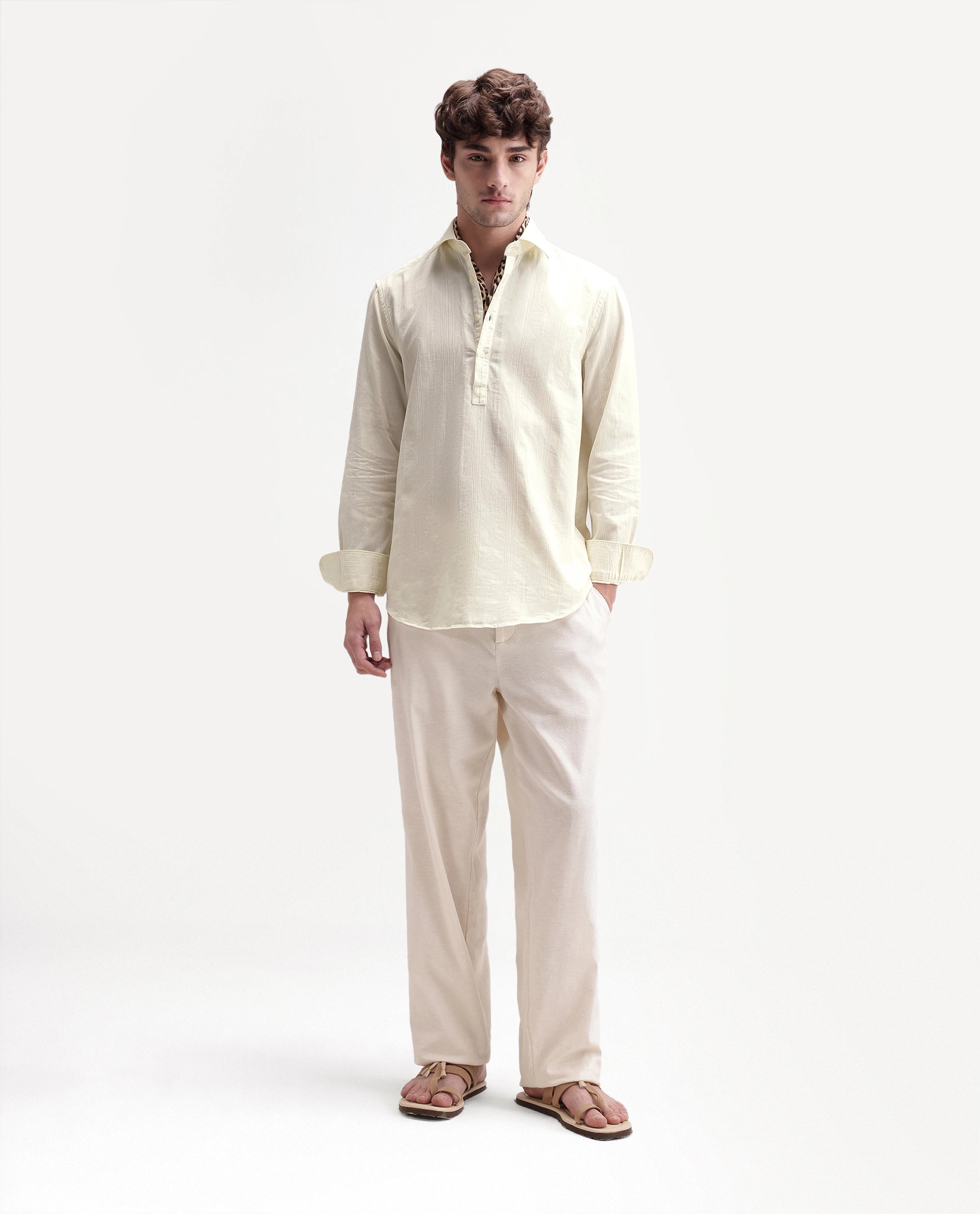 Rare Rabbit Men's Kord Off White Cotton Spread Collar Regular Fit Striped Shirt