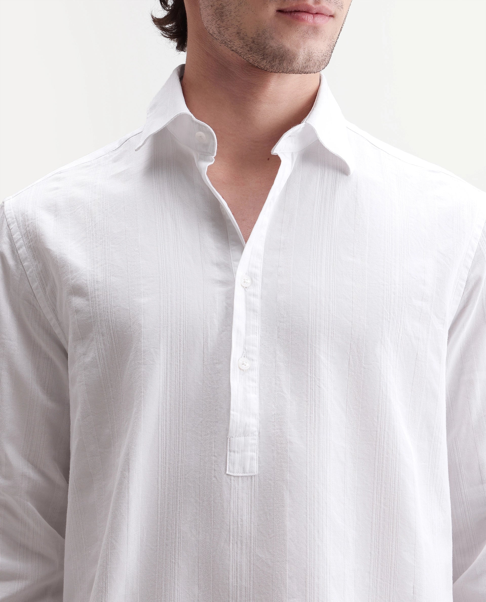 Rare Rabbit Men's Kord White Cotton Spread Collar Regular Fit Striped Shirt