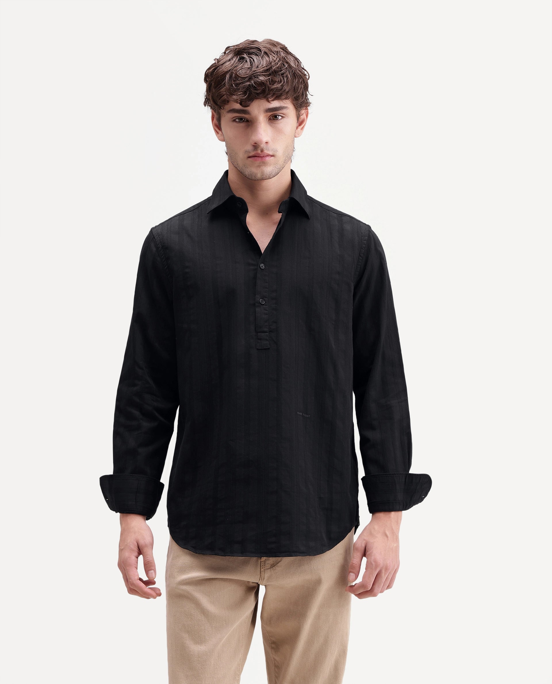 Rare Rabbit Men's Kord Black Cotton Spread Collar Regular Fit Striped Shirt
