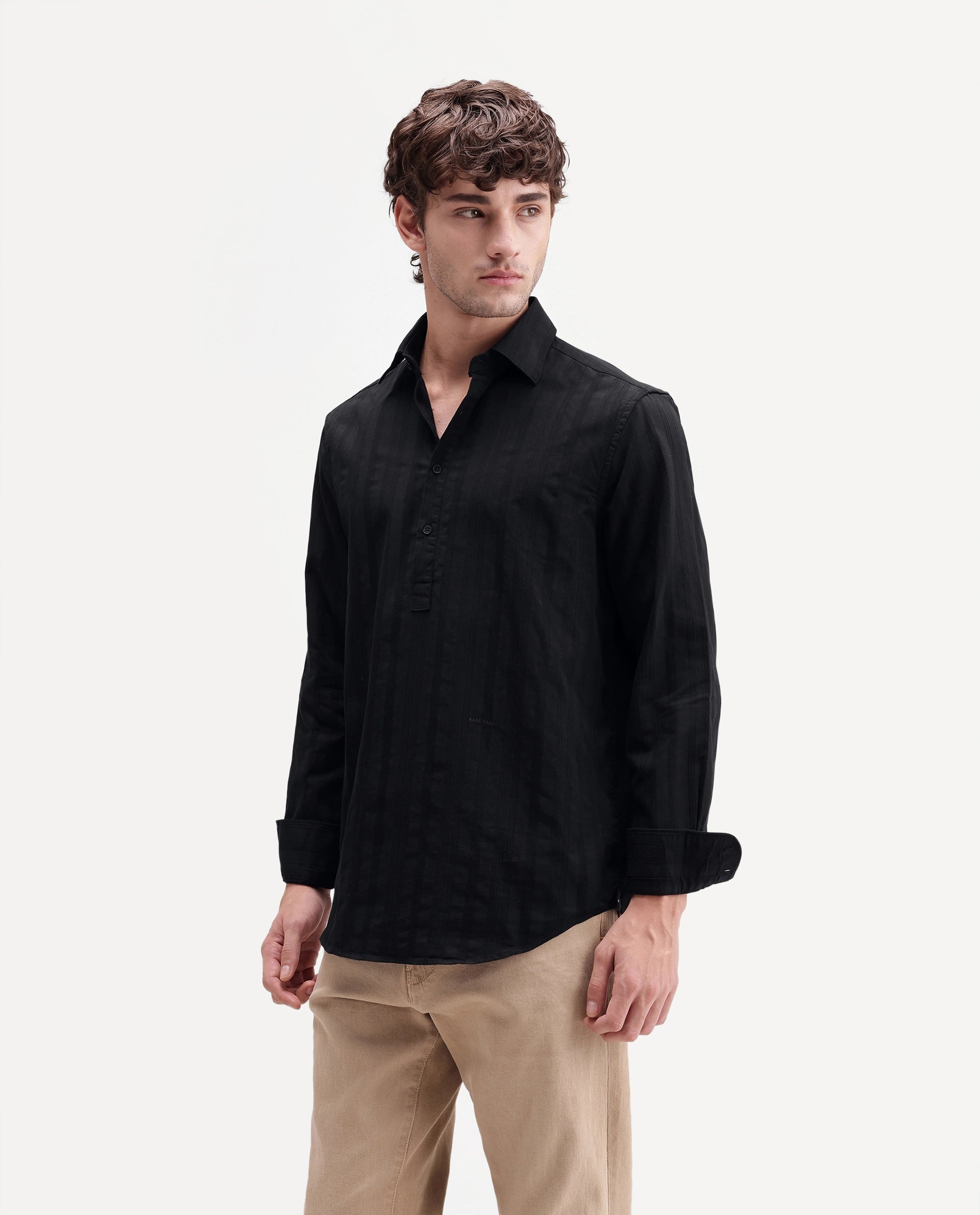 Rare Rabbit Men's Kord Black Cotton Spread Collar Regular Fit Striped Shirt
