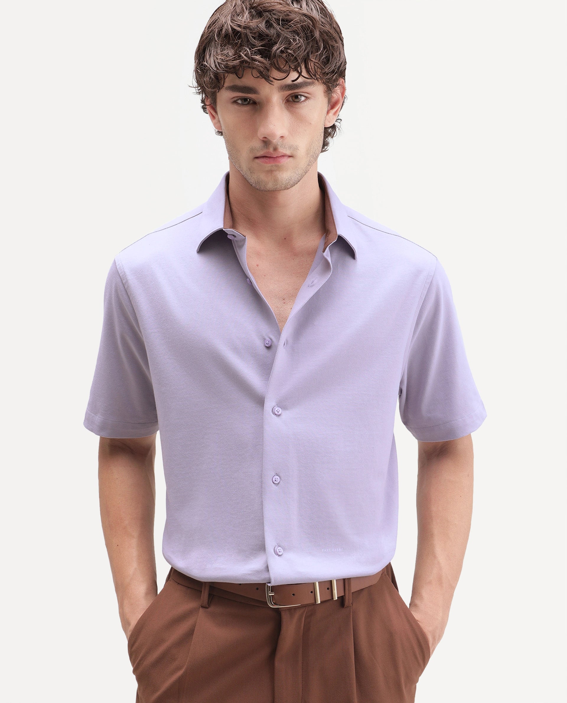Rare Rabbit Men's Darvin Purple Polyester Blend Spread Collar Regular Fit Plain Shirt