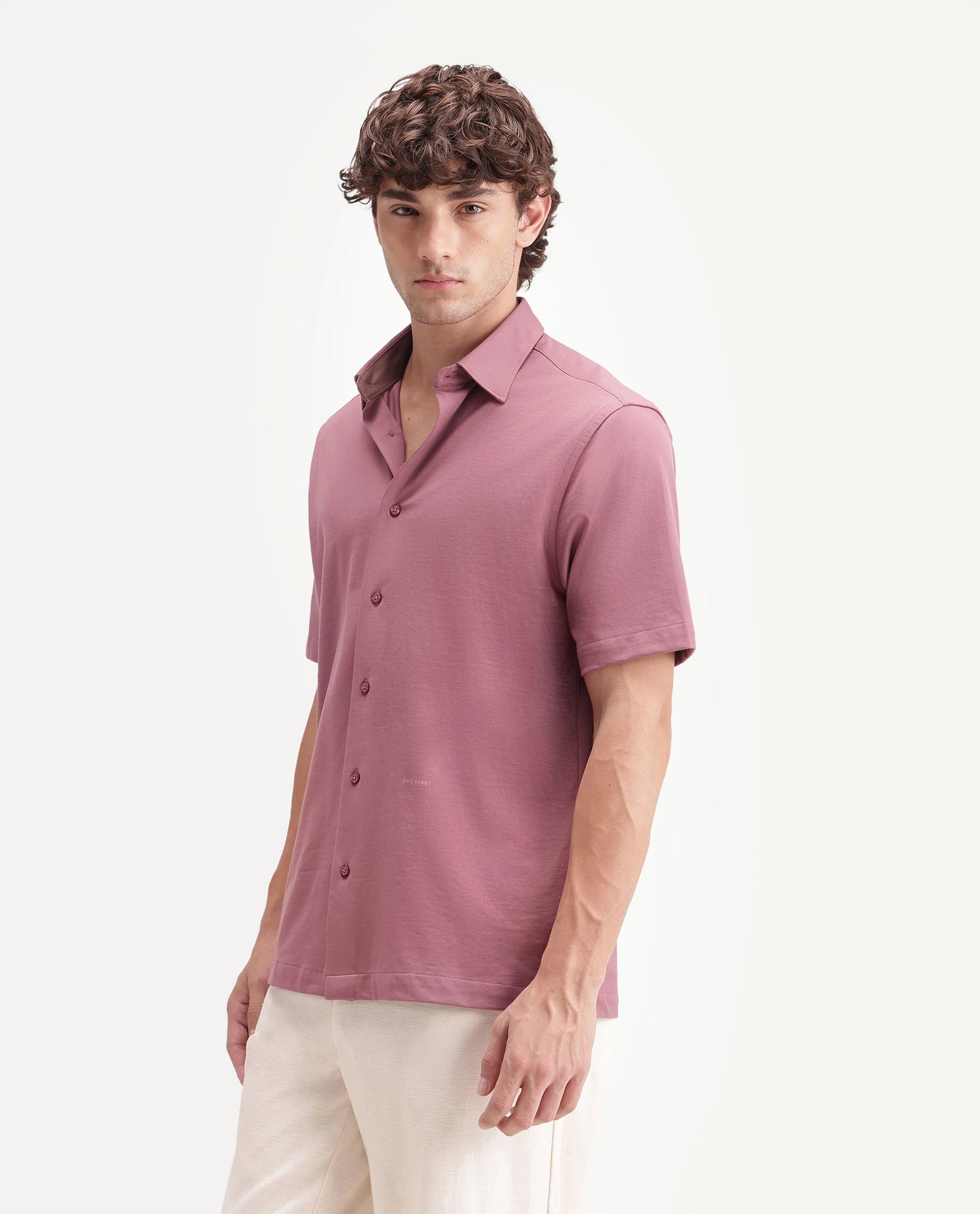Rare Rabbit Men's Darvin Dark Pink Polyester Blend Spread Collar Regular Fit Plain Shirt
