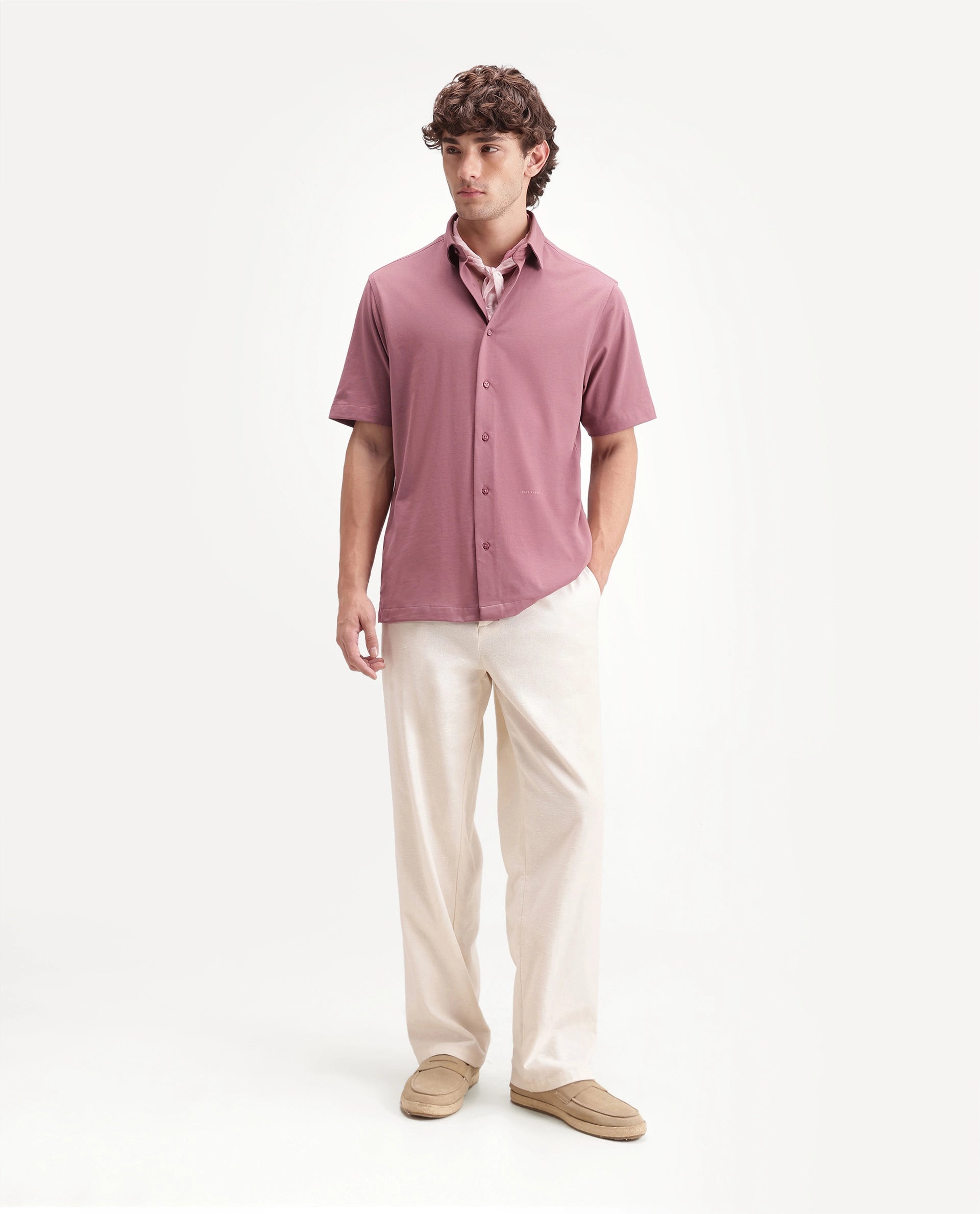 Rare Rabbit Men's Darvin Dark Pink Polyester Blend Spread Collar Regular Fit Plain Shirt