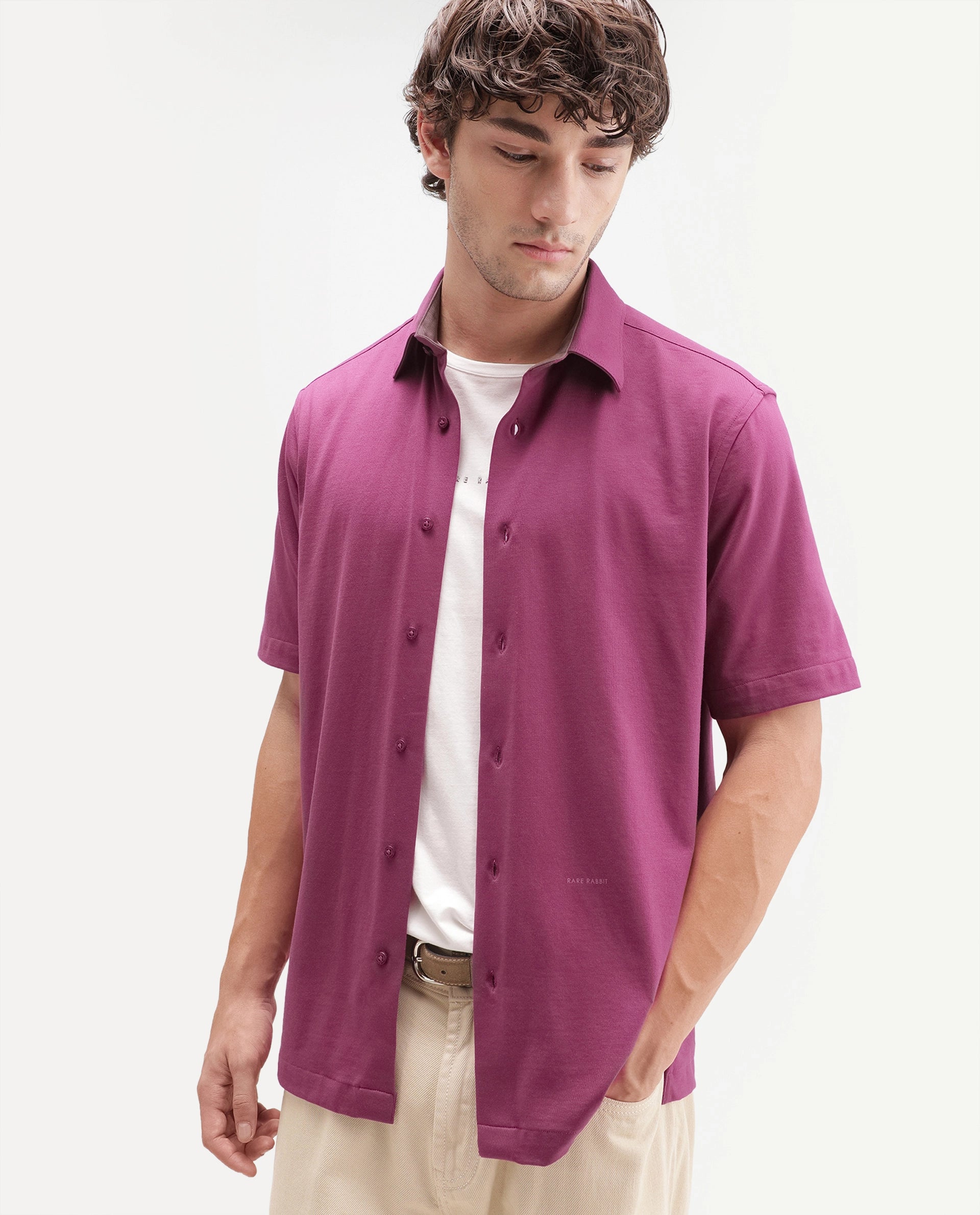 Rare Rabbit Men's Darvin Dusky Red Polyester Blend Spread Collar Regular Fit Plain Shirt
