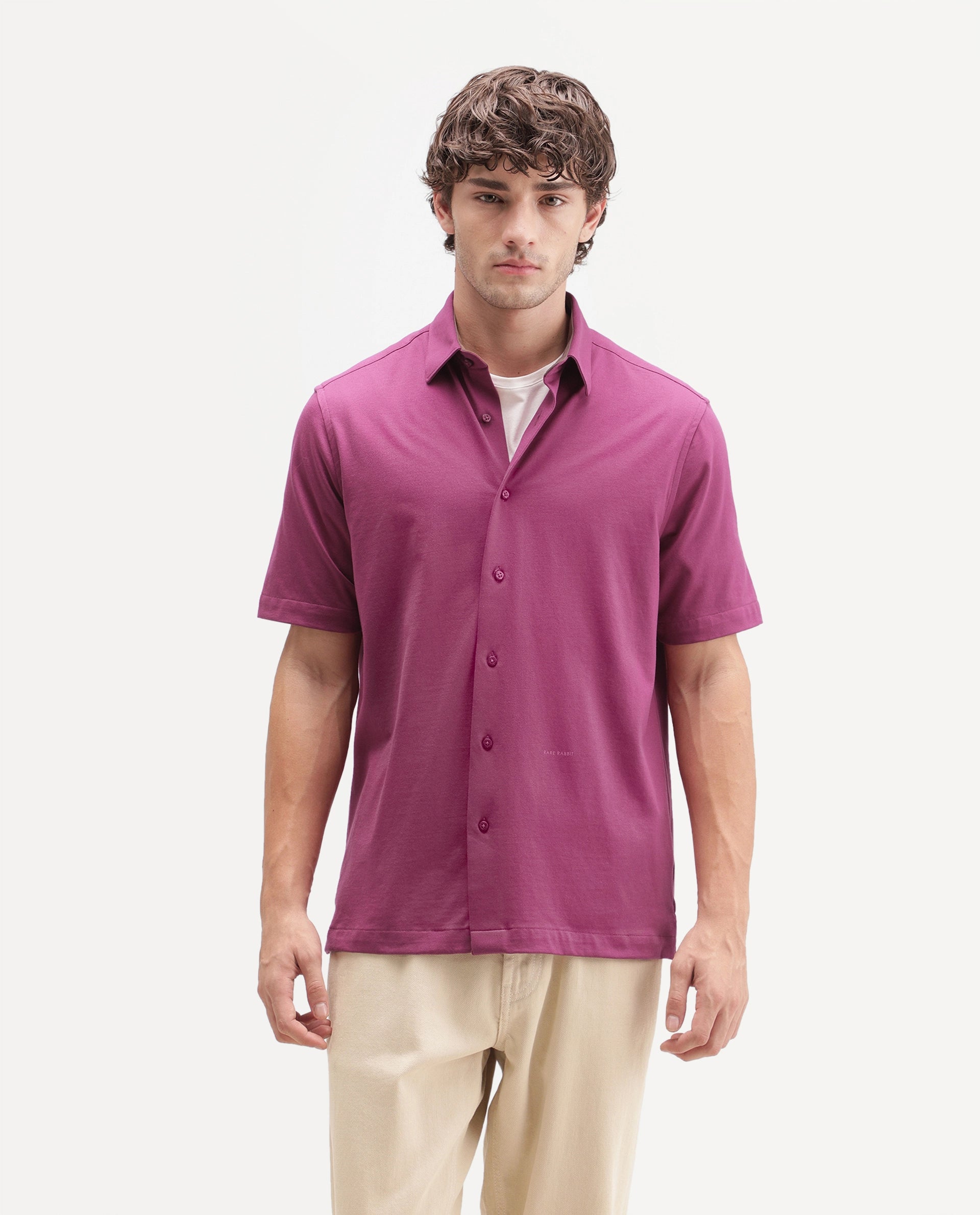 Rare Rabbit Men's Darvin Dusky Red Polyester Blend Spread Collar Regular Fit Plain Shirt