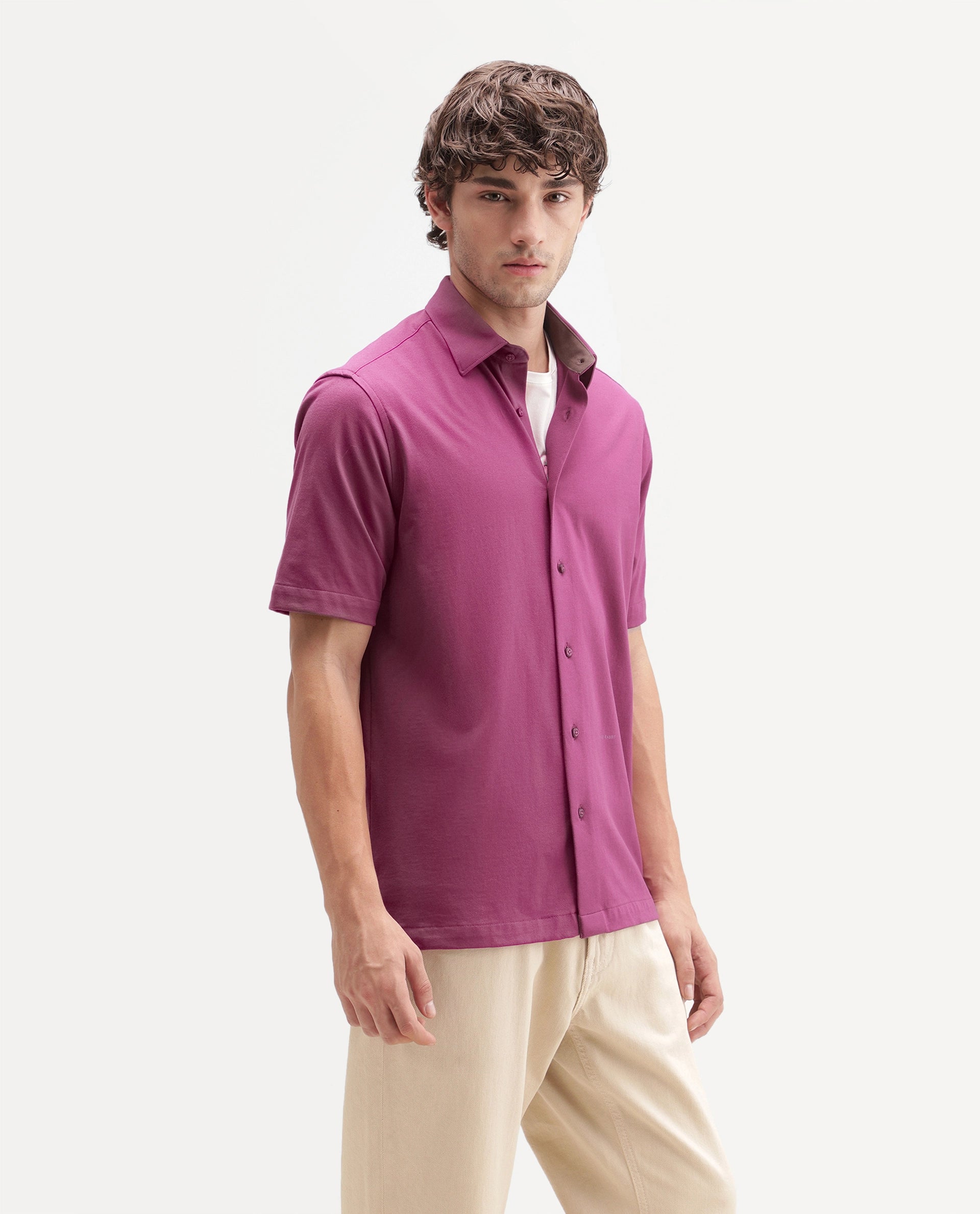 Rare Rabbit Men's Darvin Dusky Red Polyester Blend Spread Collar Regular Fit Plain Shirt