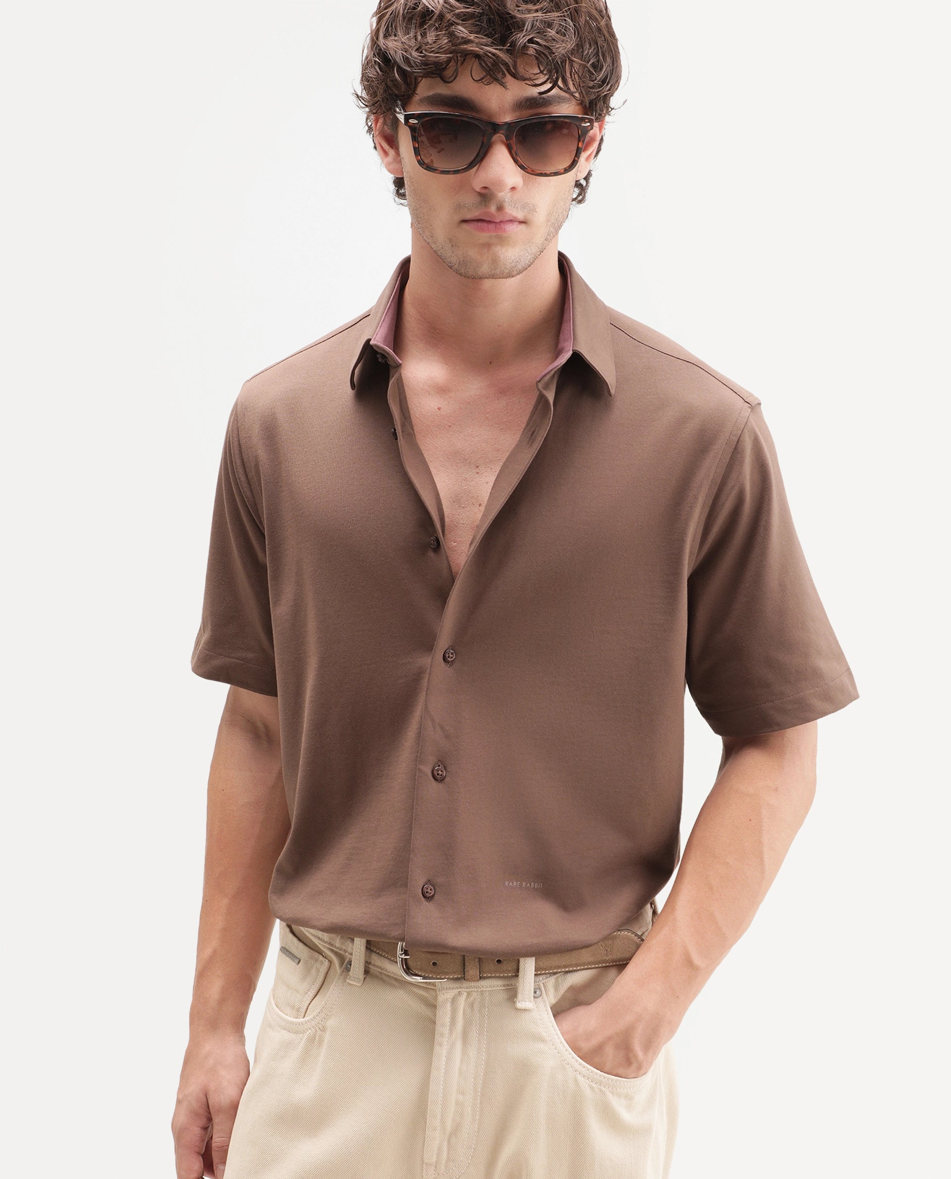 Rare Rabbit Men's Darvin Brown Polyester Blend Spread Collar Regular Fit Plain Shirt