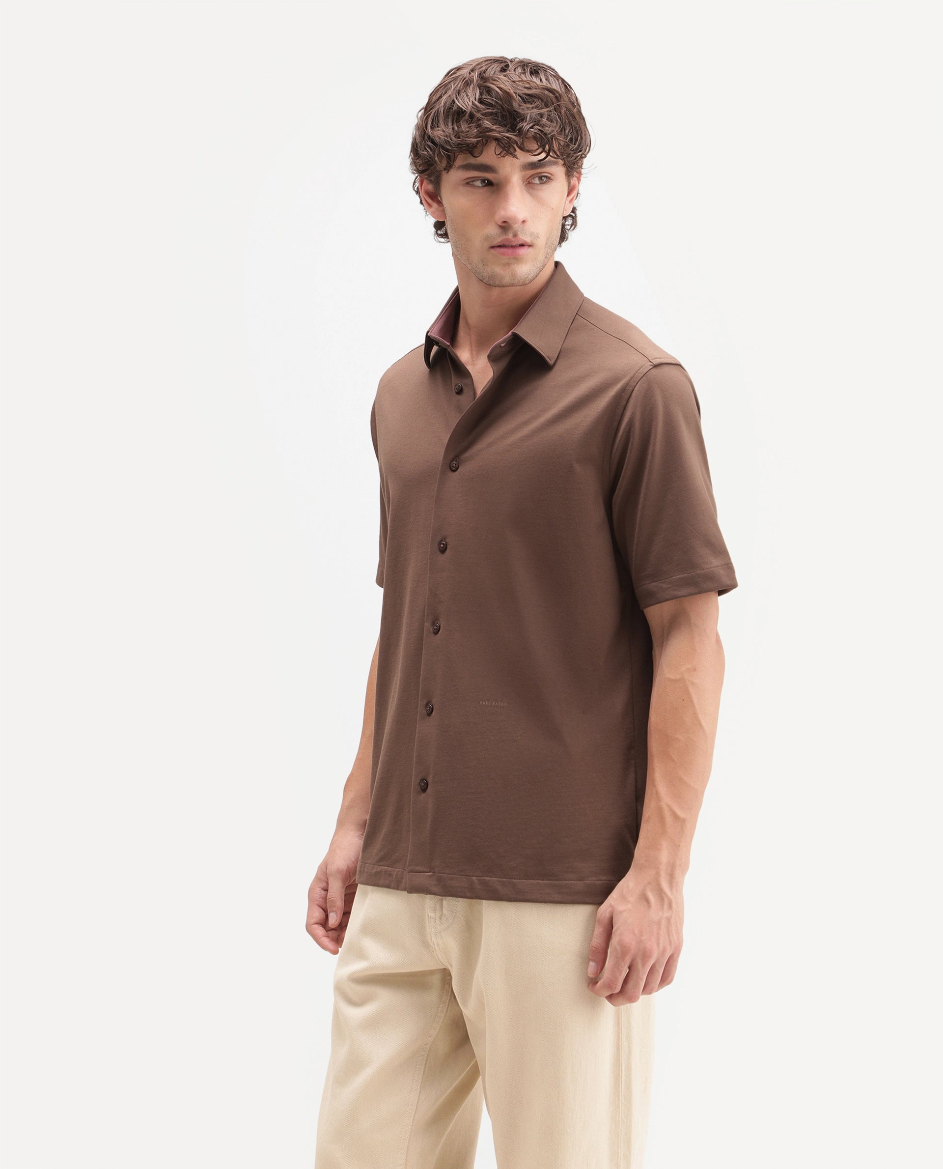 Rare Rabbit Men's Darvin Brown Polyester Blend Spread Collar Regular Fit Plain Shirt