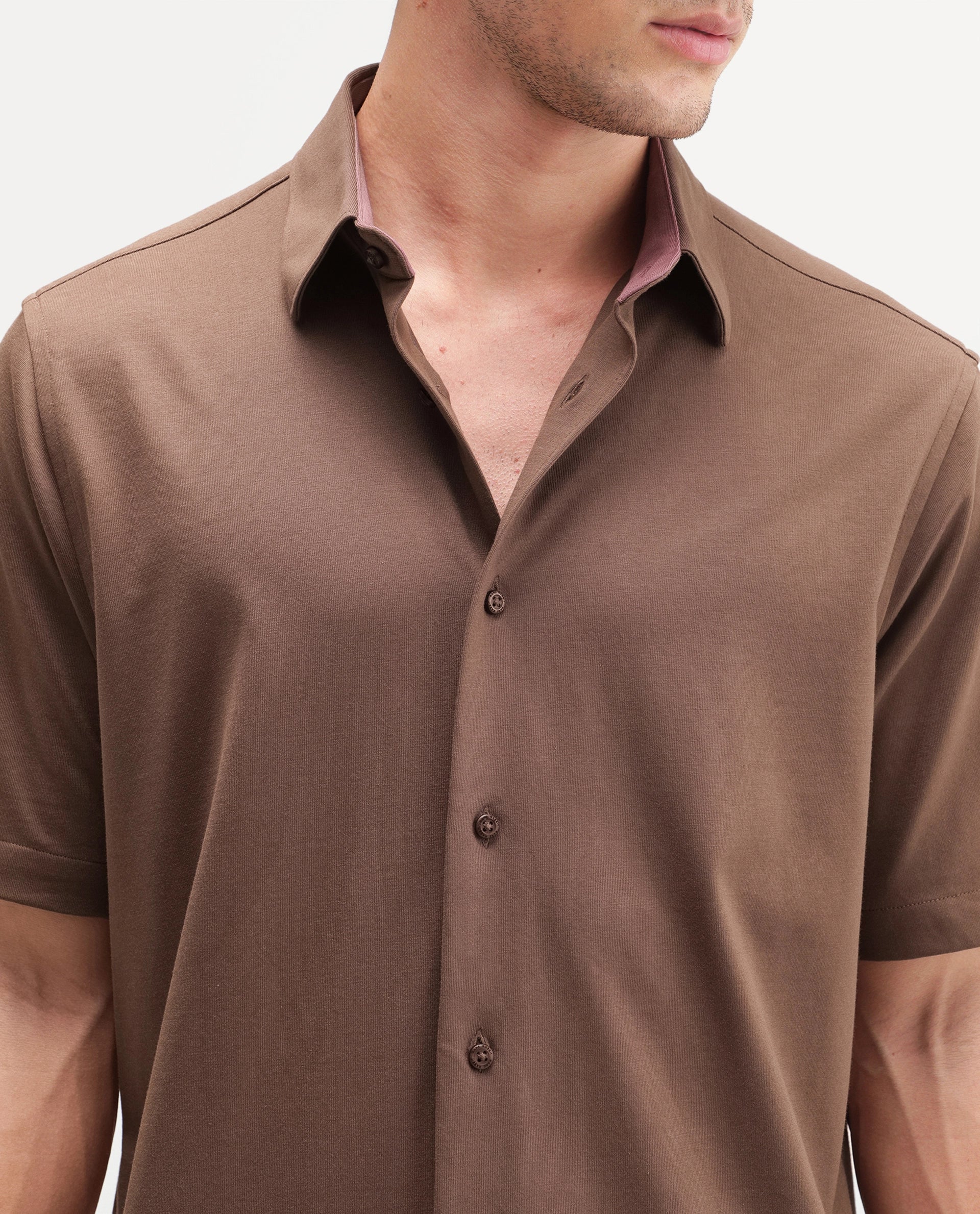 Rare Rabbit Men's Darvin Brown Polyester Blend Spread Collar Regular Fit Plain Shirt