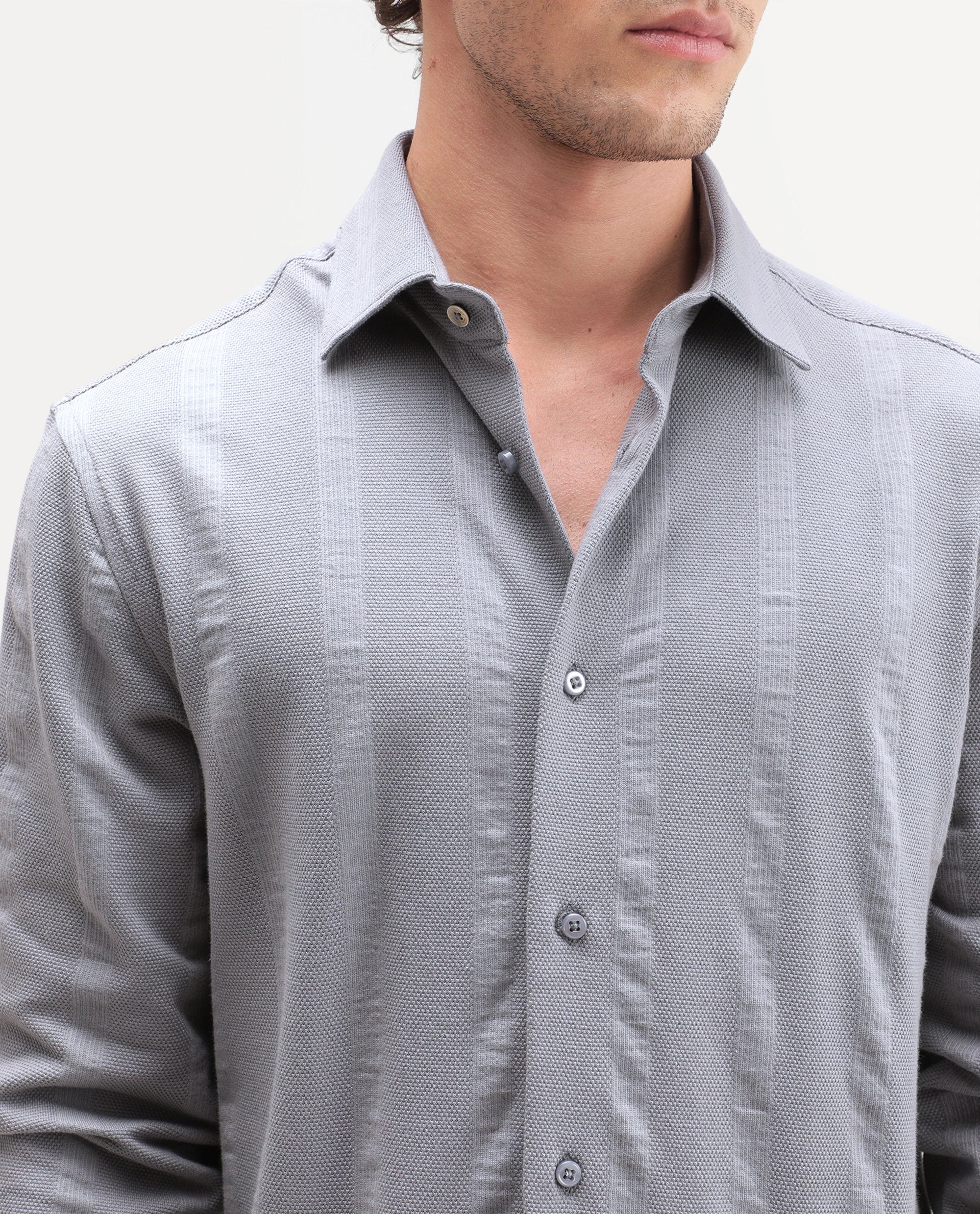 Rare Rabbit Men's Avor Dusky Blue Cotton Blend Spread Collar Regular Fit Striped Shirt