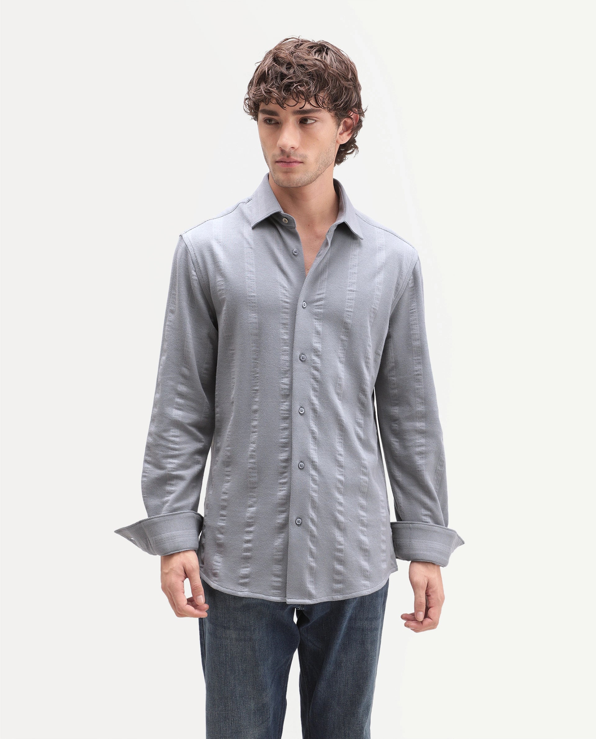 Rare Rabbit Men's Avor Dusky Blue Cotton Blend Spread Collar Regular Fit Striped Shirt