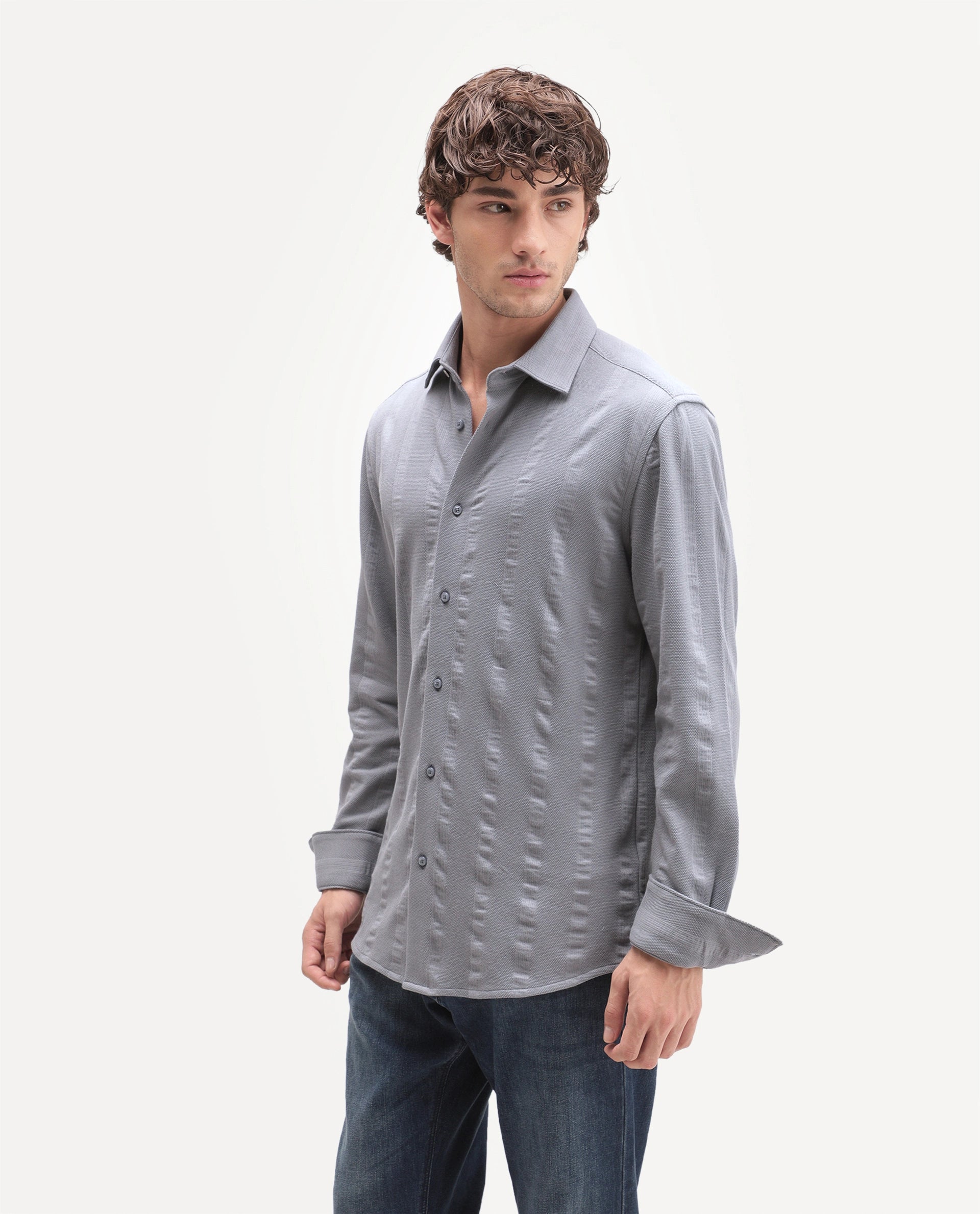Rare Rabbit Men's Avor Dusky Blue Cotton Blend Spread Collar Regular Fit Striped Shirt