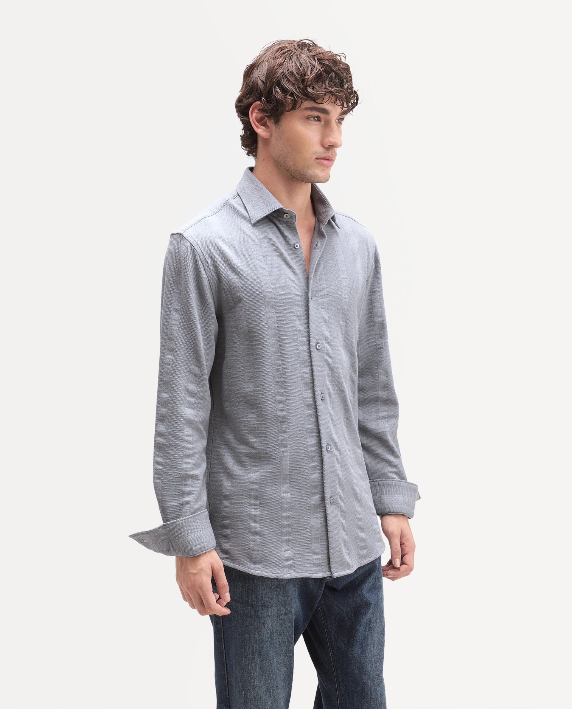 Rare Rabbit Men's Avor Dusky Blue Cotton Blend Spread Collar Regular Fit Striped Shirt