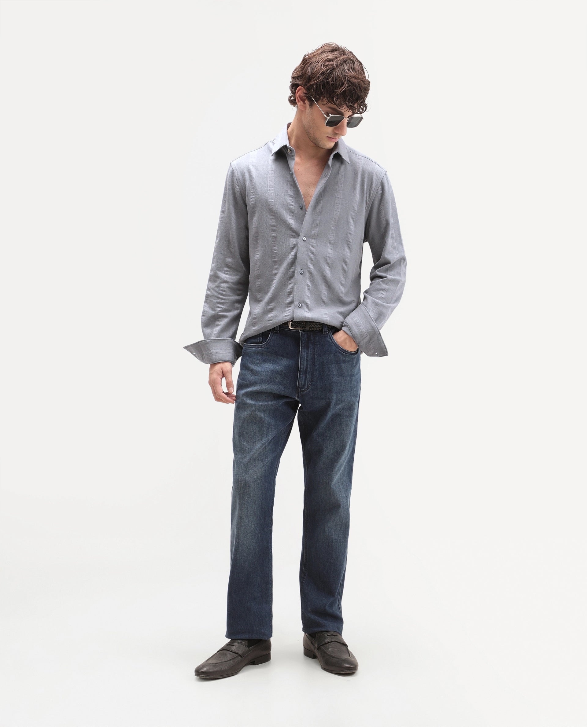Rare Rabbit Men's Avor Dusky Blue Cotton Blend Spread Collar Regular Fit Striped Shirt
