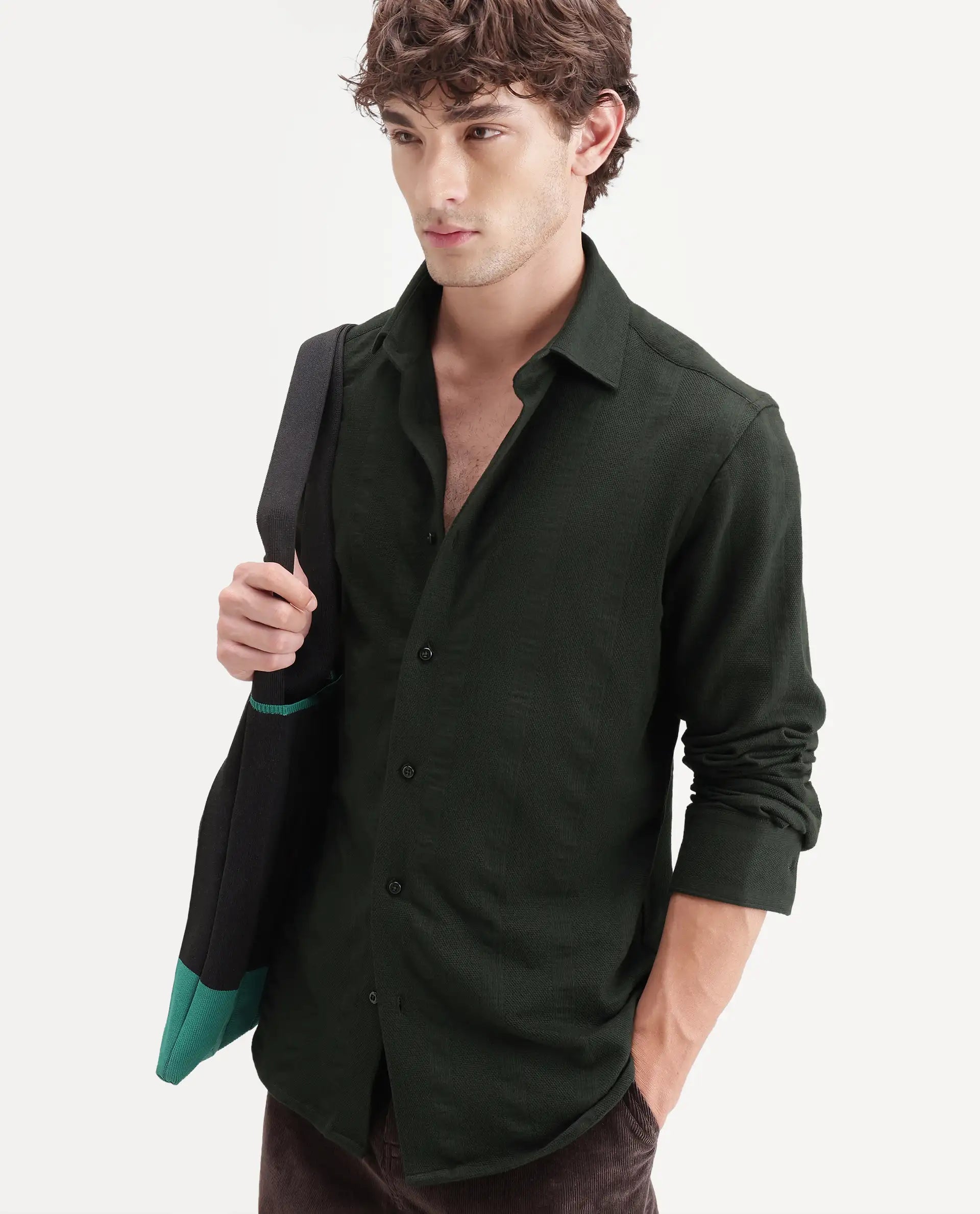 Rare Rabbit Men's Avor Dark Green Cotton Blend Spread Collar Regular Fit Striped Shirt