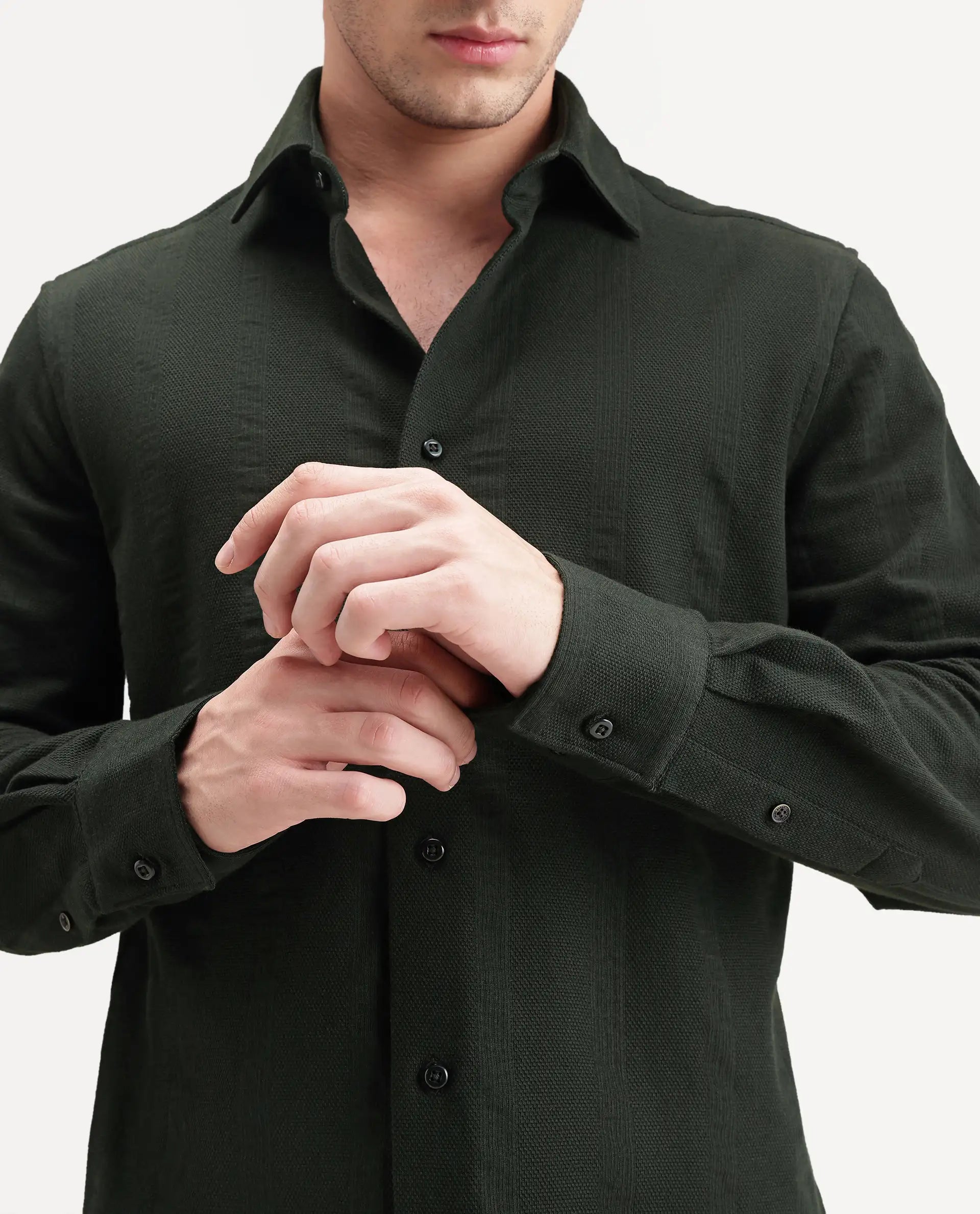 Rare Rabbit Men's Avor Dark Green Cotton Blend Spread Collar Regular Fit Striped Shirt
