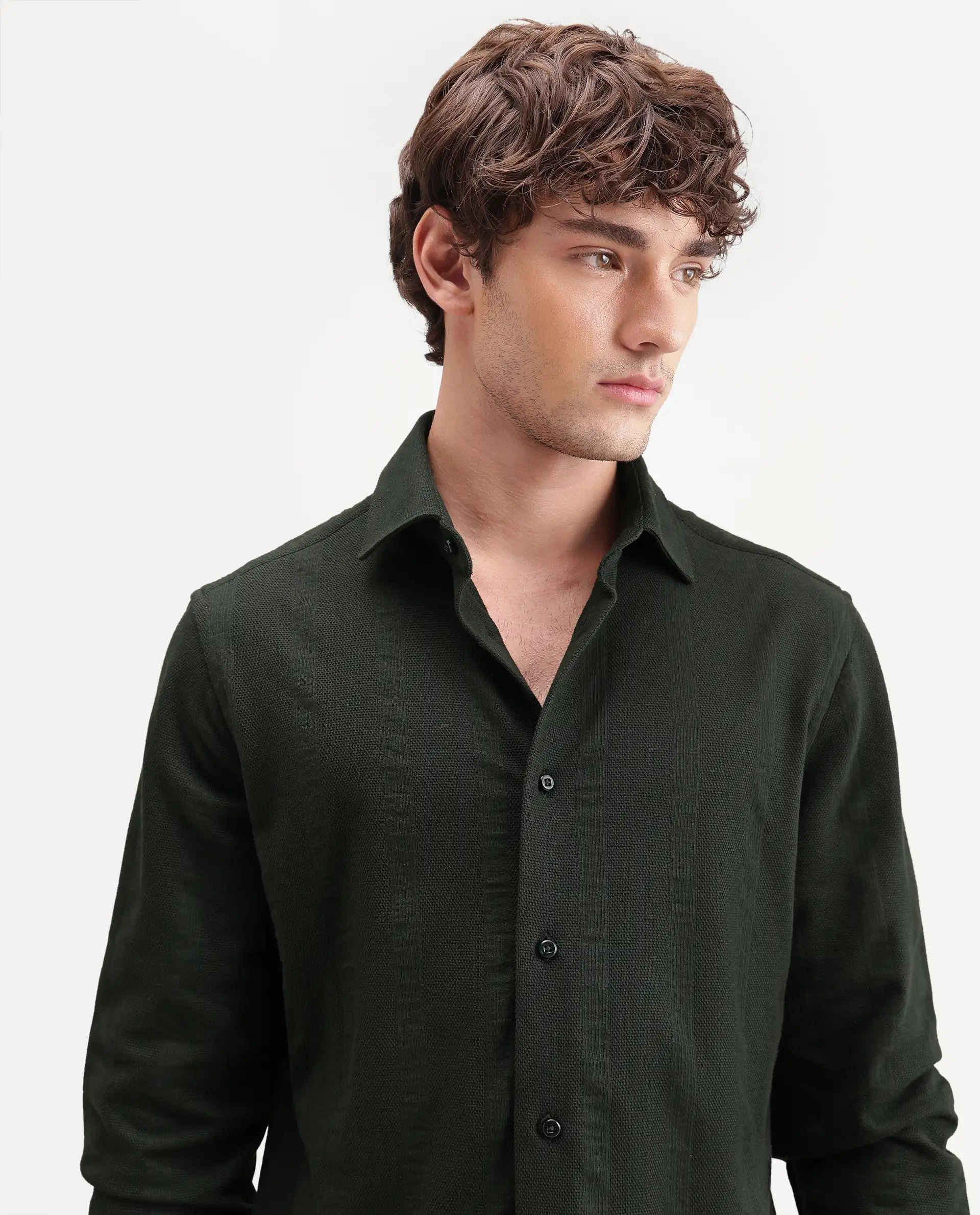 Rare Rabbit Men's Avor Dark Green Cotton Blend Spread Collar Regular Fit Striped Shirt