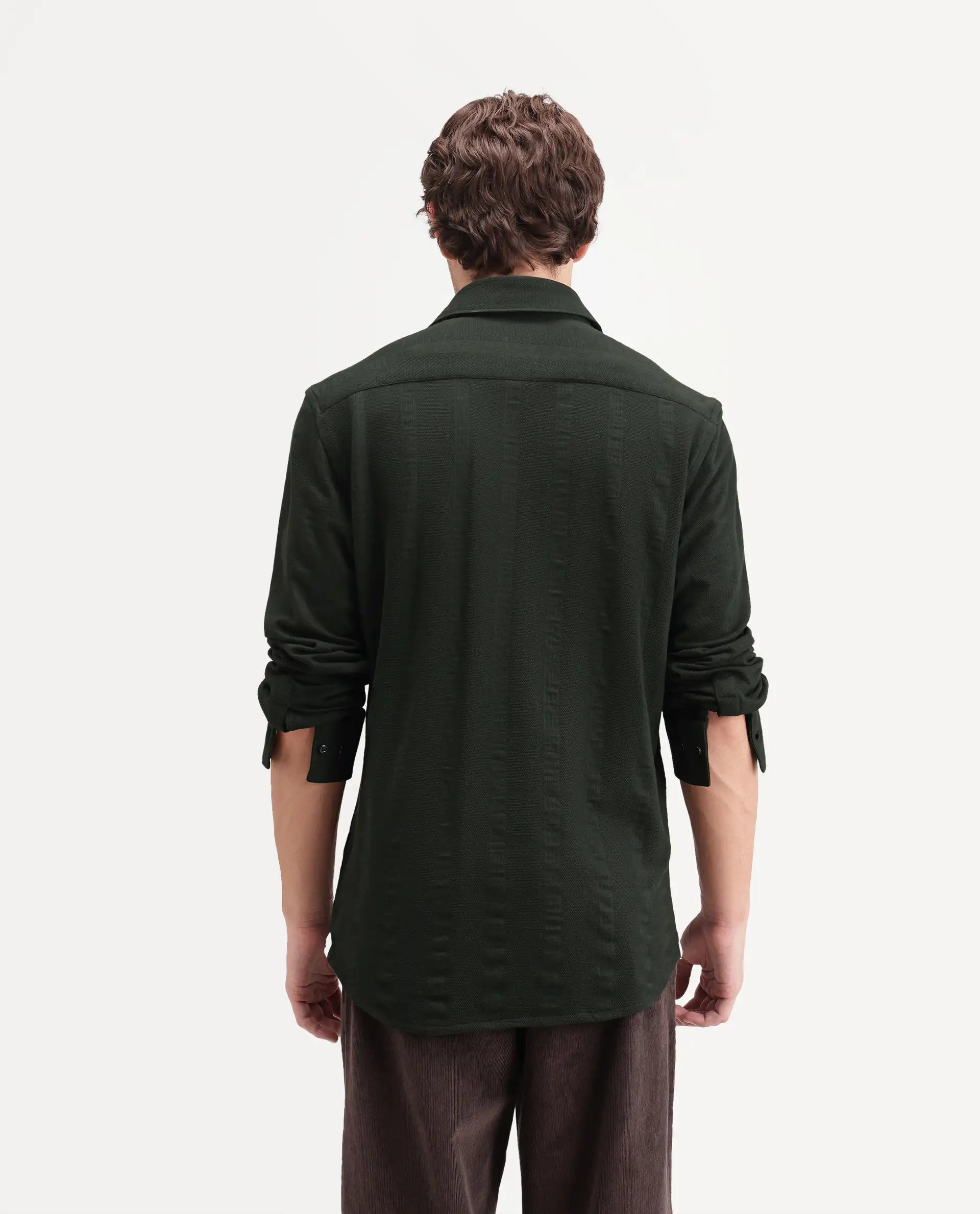 Rare Rabbit Men's Avor Dark Green Cotton Blend Spread Collar Regular Fit Striped Shirt