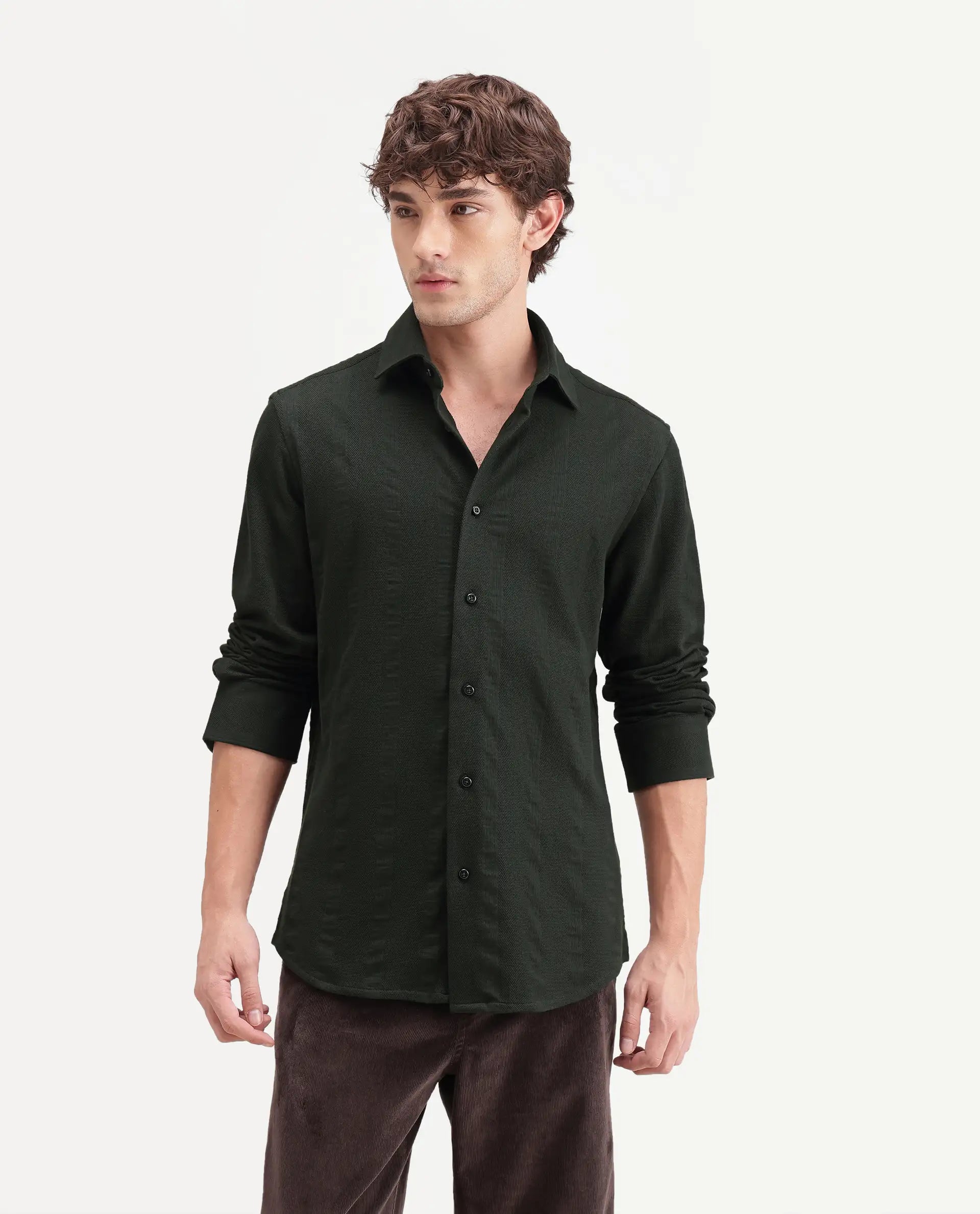 Rare Rabbit Men's Avor Dark Green Cotton Blend Spread Collar Regular Fit Striped Shirt