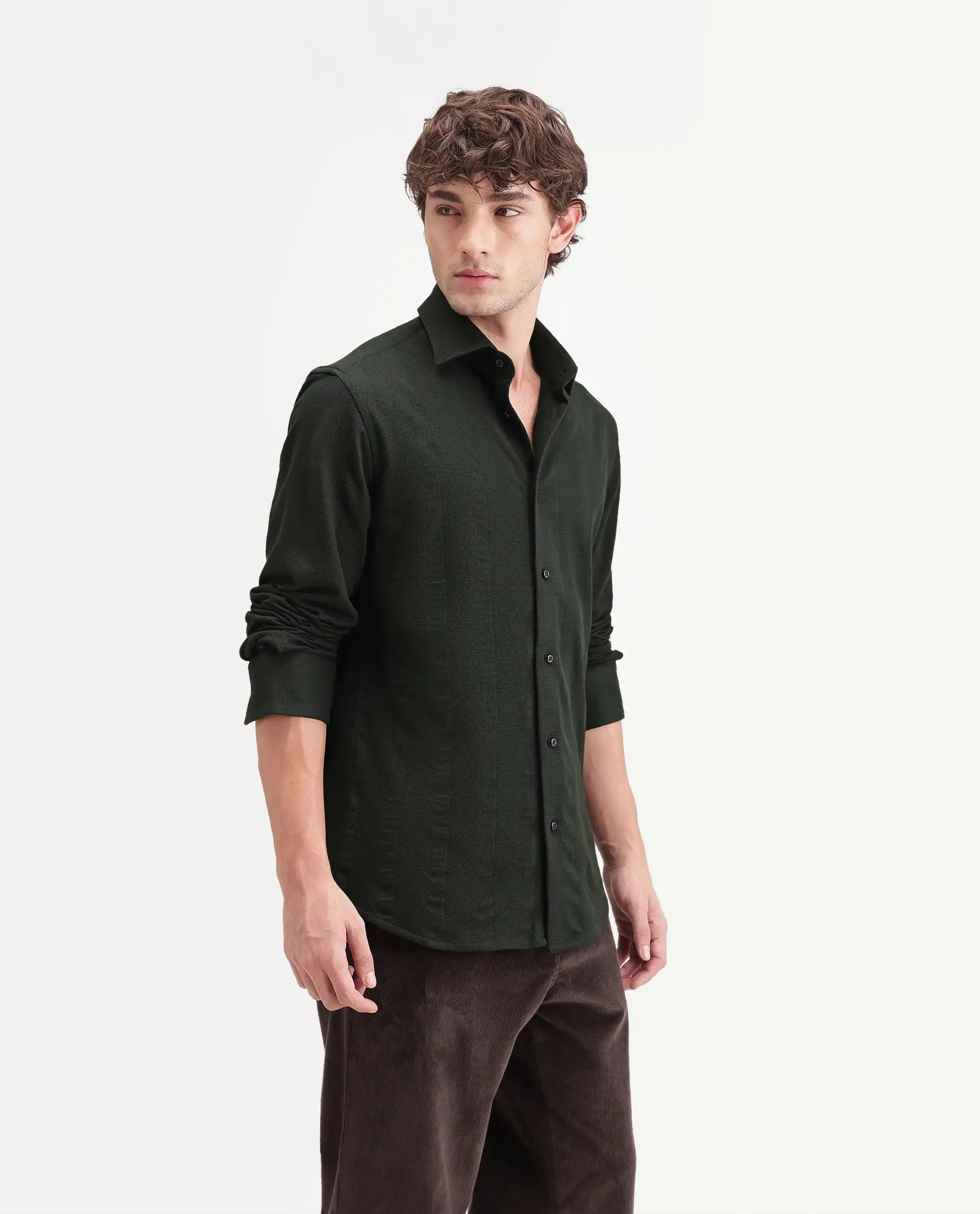 Rare Rabbit Men's Avor Dark Green Cotton Blend Spread Collar Regular Fit Striped Shirt
