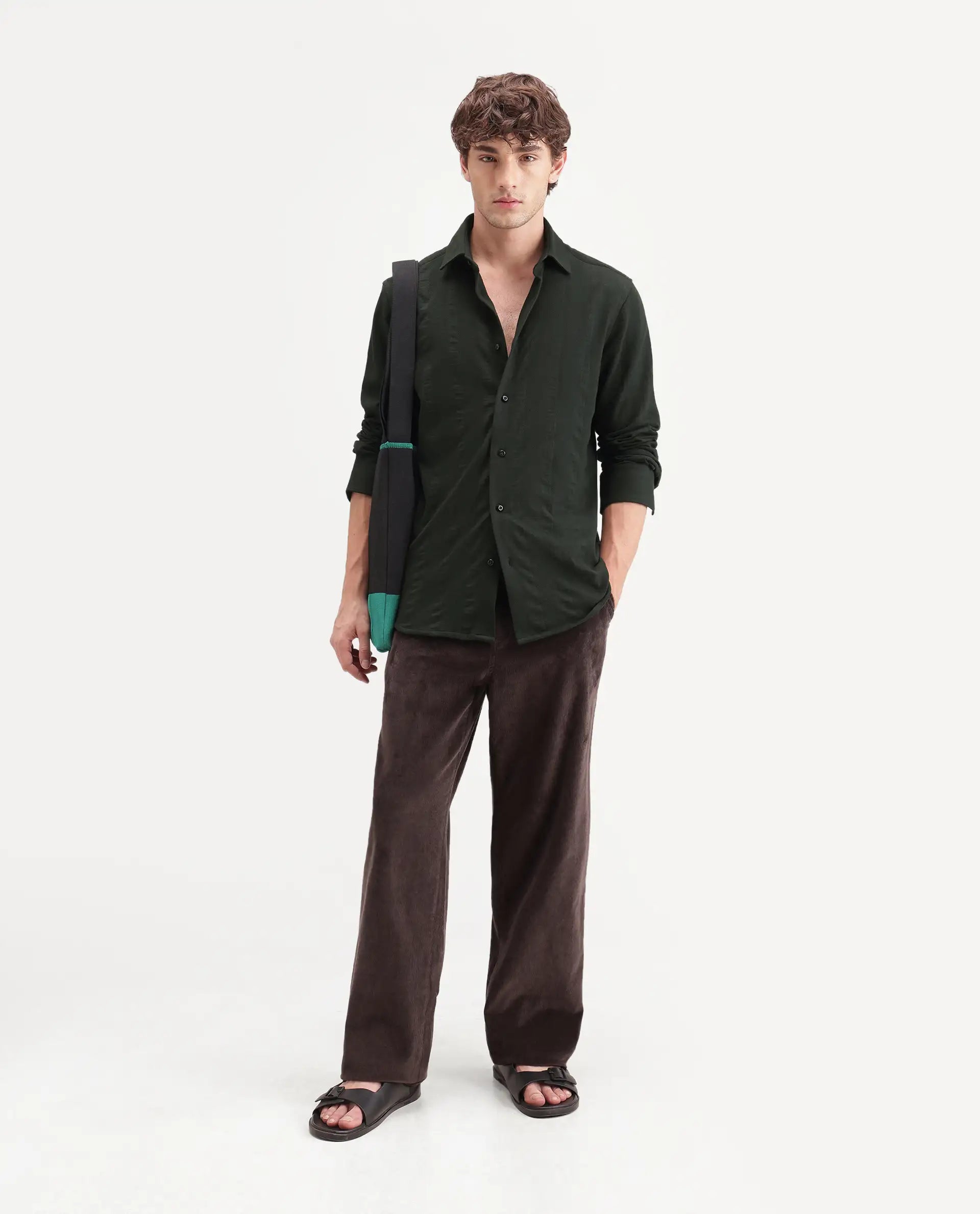 Rare Rabbit Men's Avor Dark Green Cotton Blend Spread Collar Regular Fit Striped Shirt