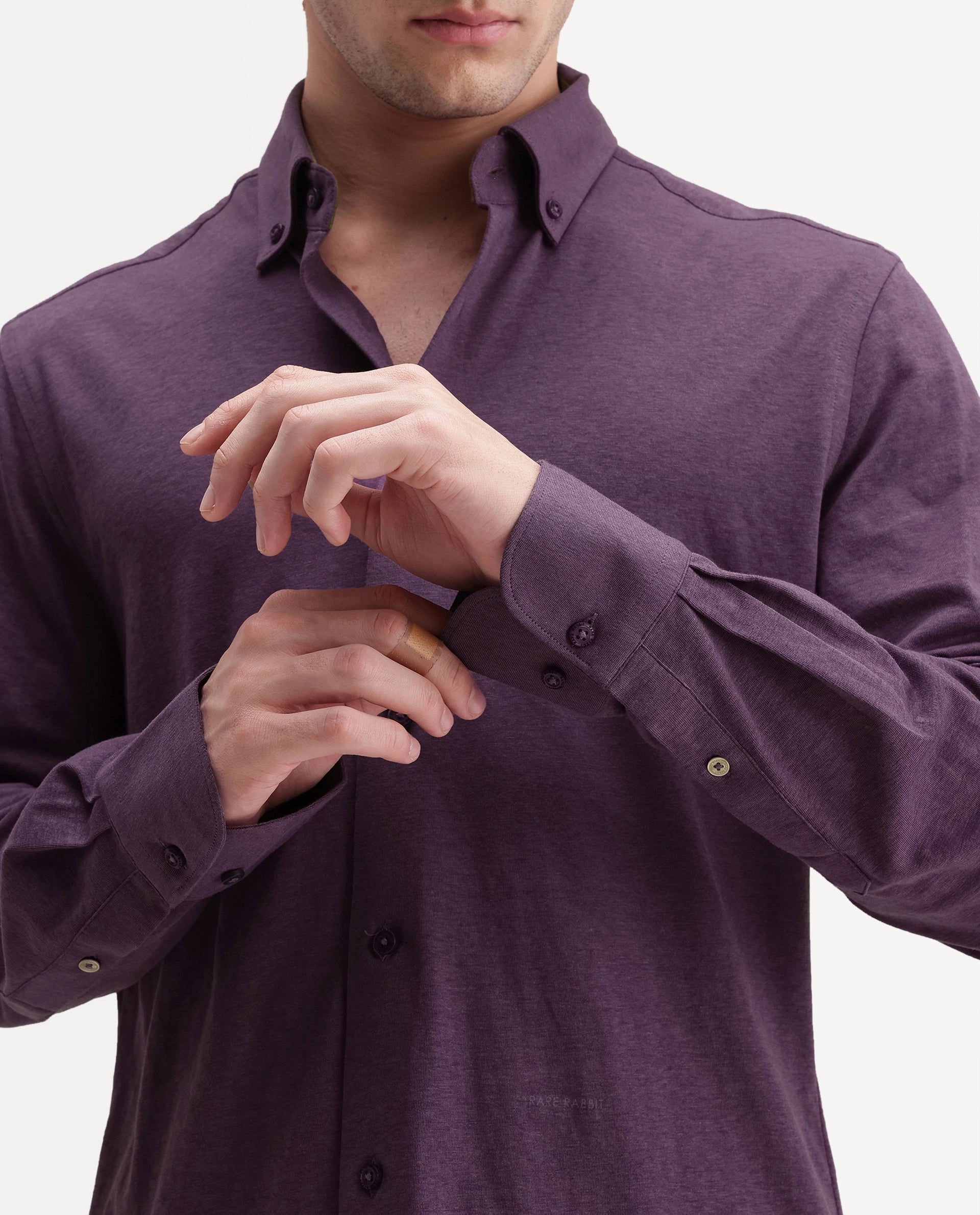 Rare Rabbit Men's Kenway Purple Cotton Blend Button-Down Collar Regular Fit Plain Shirt