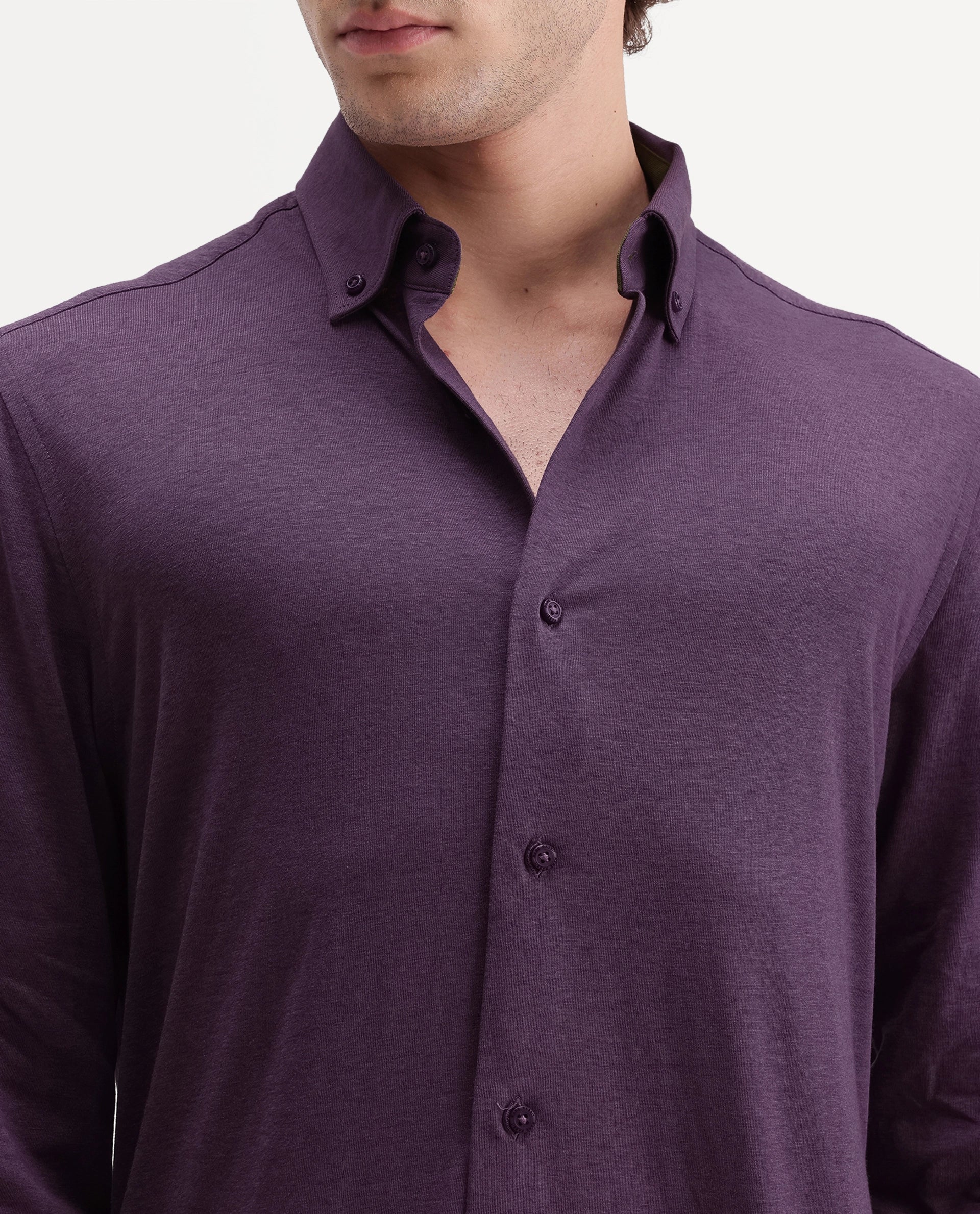 Rare Rabbit Men's Kenway Purple Cotton Blend Button-Down Collar Regular Fit Plain Shirt