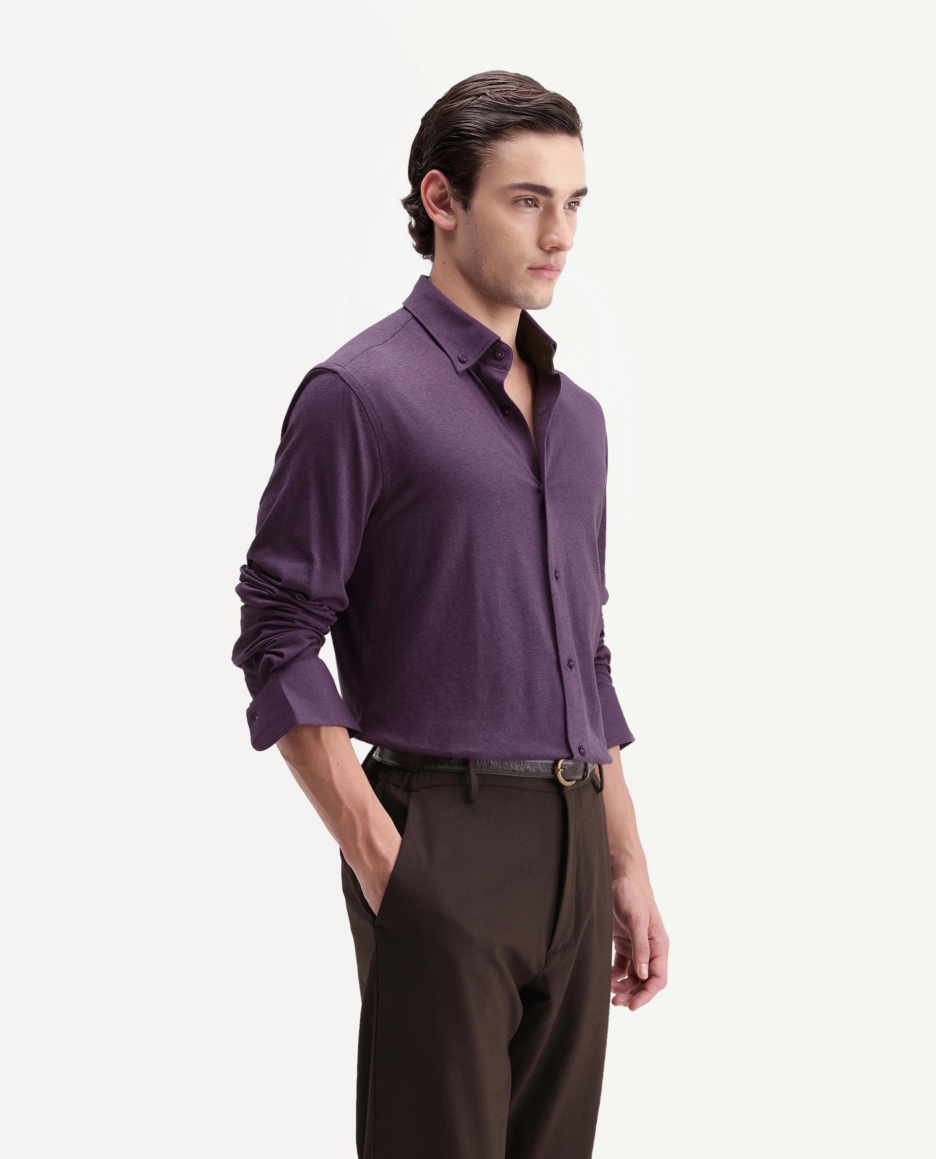 Rare Rabbit Men's Kenway Purple Cotton Blend Button-Down Collar Regular Fit Plain Shirt