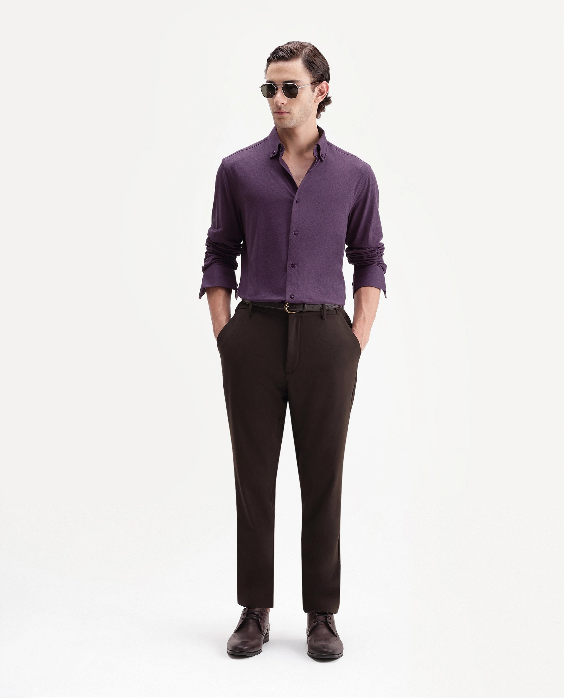 Rare Rabbit Men's Kenway Purple Cotton Blend Button-Down Collar Regular Fit Plain Shirt